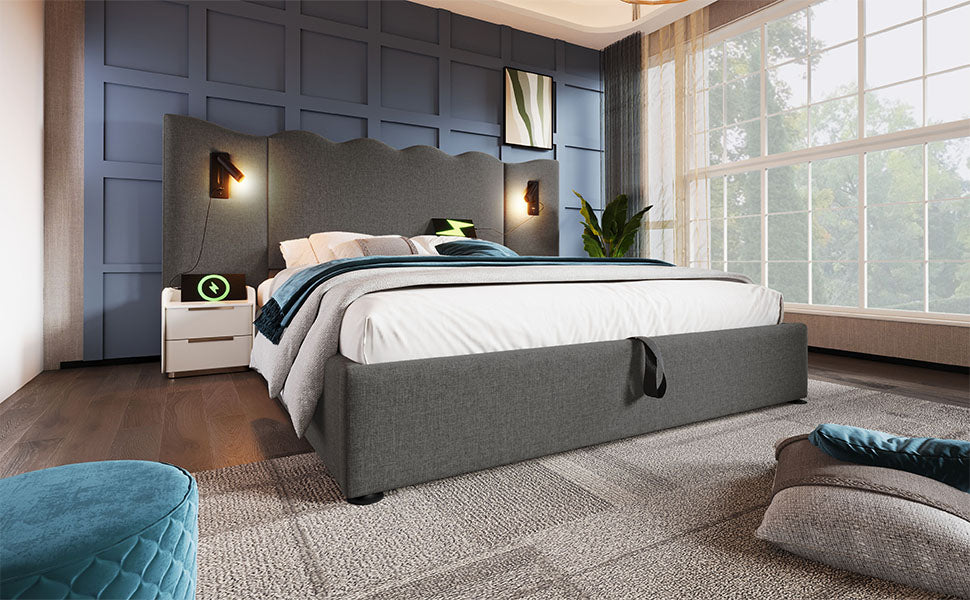 Logidon gestoffeerd bed 160x200 grijs linnen met USB Type C oplaadfunctie