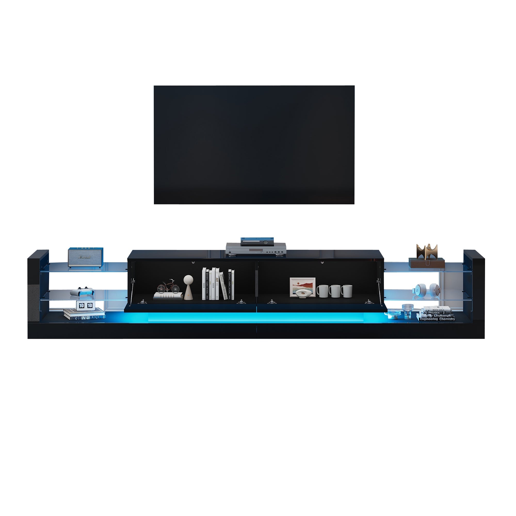 Logidon hoogglans TV-meubel 181 cm LED-verlichting zwart glazen front