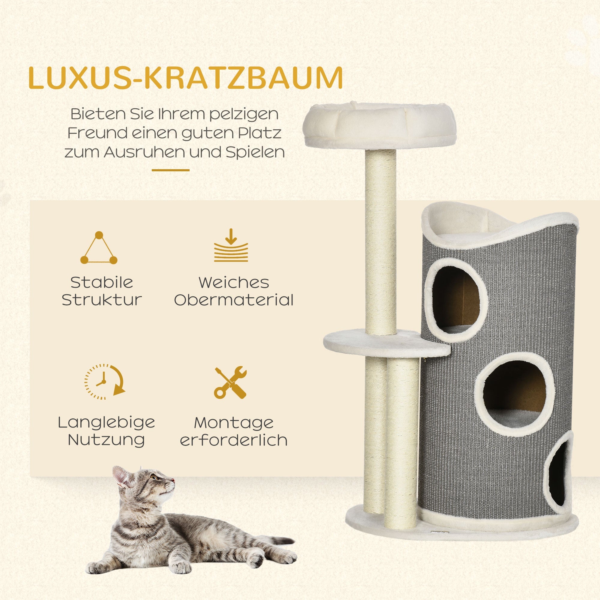 Logidon Krabpaal 109 cm Wit Grijs met Krabton en Kattenmand