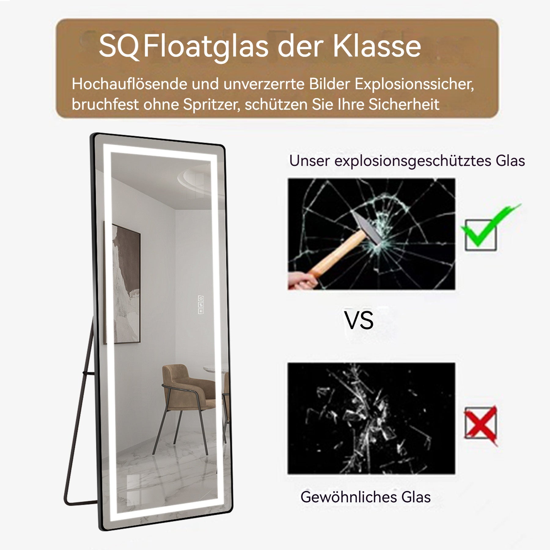 Logidon LED passpiegel 163x54 cm Dimbare verlichting, zwarte lijst
