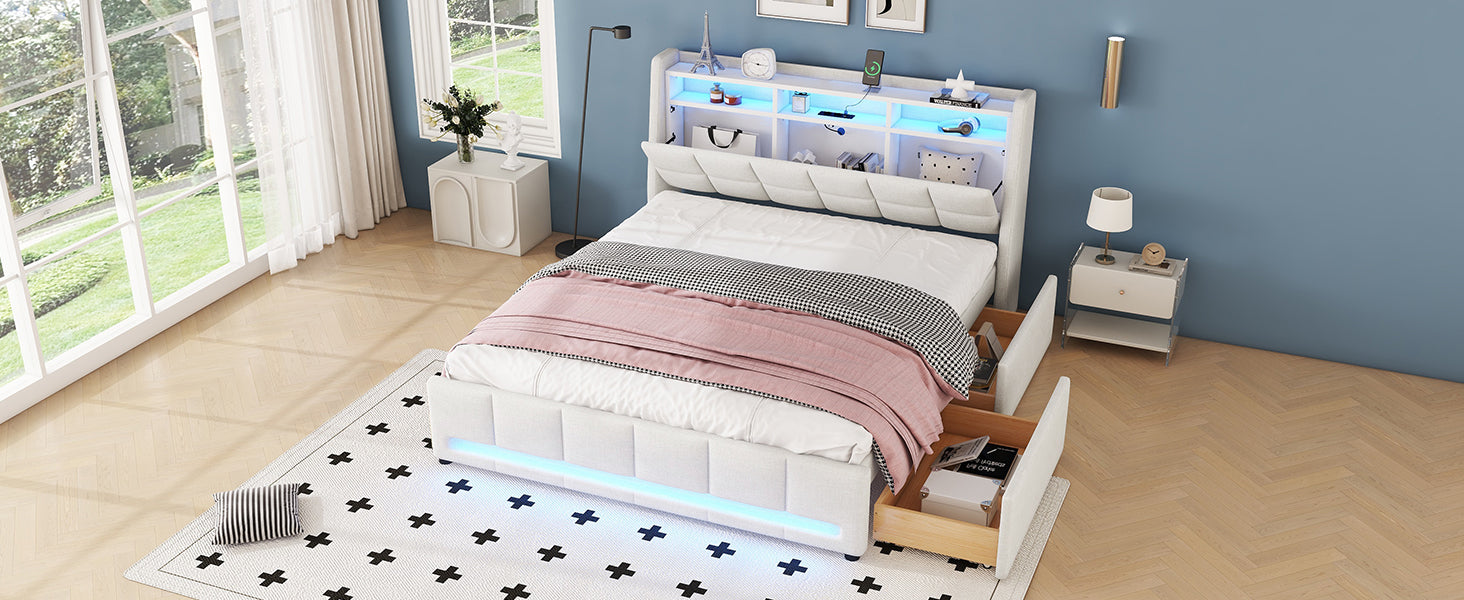 Logidon gestoffeerd bed 160x200 cm beige linnen met LED app bediening