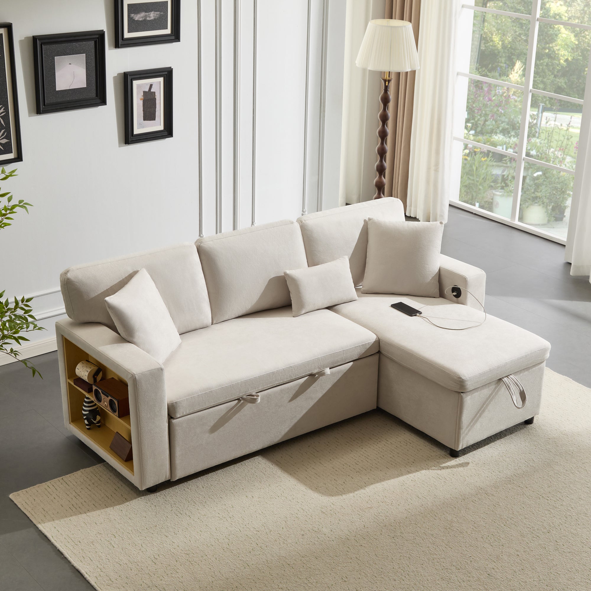 Logidon corner sofa bed L-shape extendable beige with bed box shelf