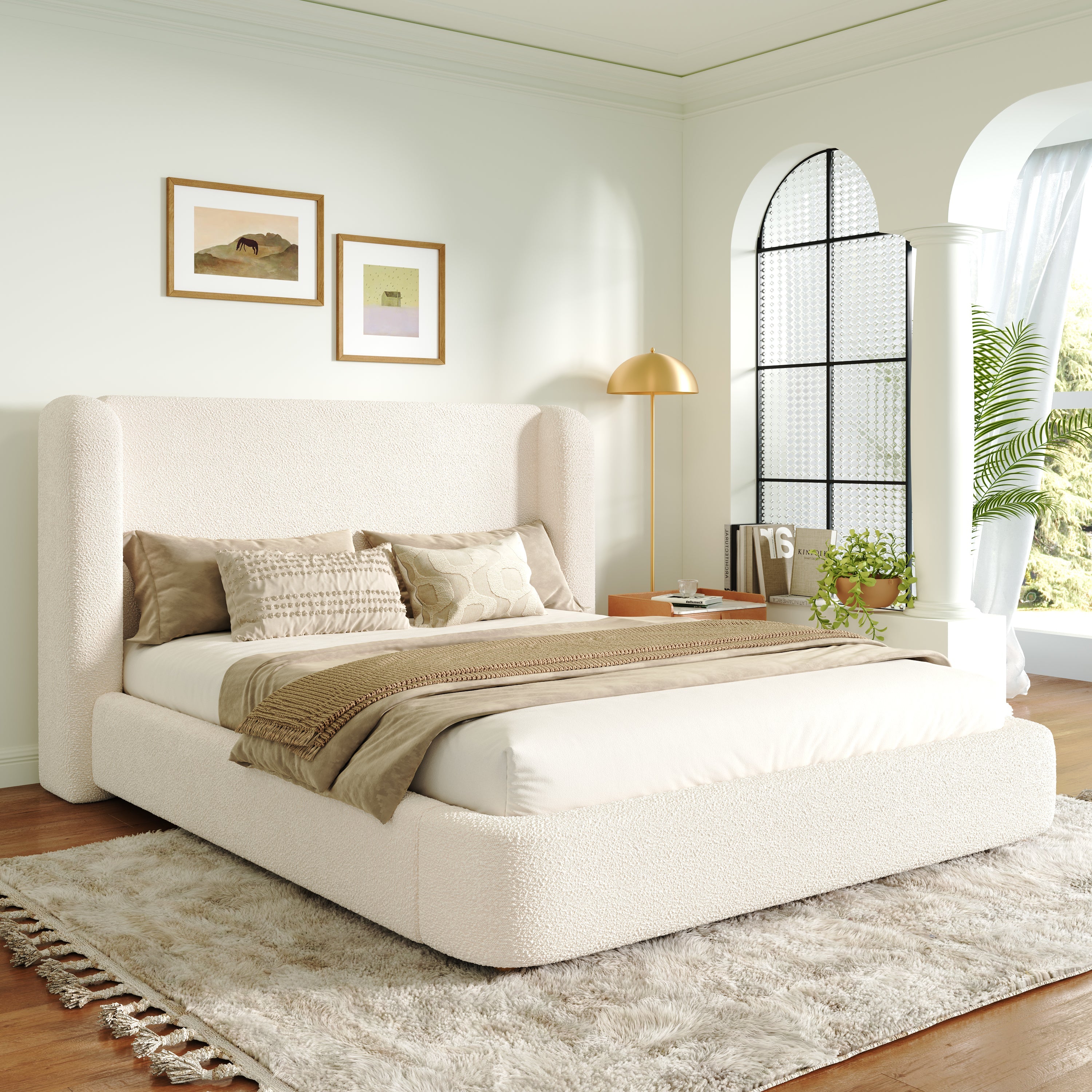 Logidon gestoffeerd bed tweepersoonsbed 160x200 beige bouclé met opbergruimte