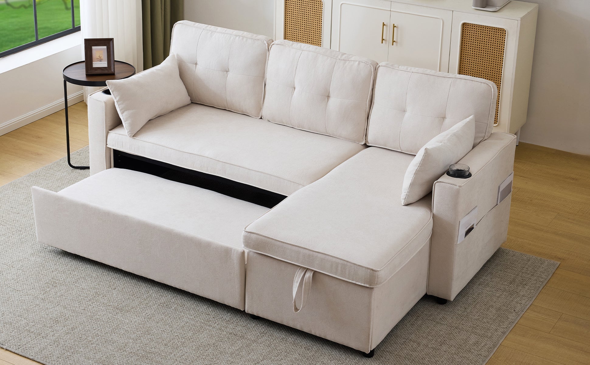 Logidon slaapbank L-vorm beige stof met opbergruimte en bekerhouder