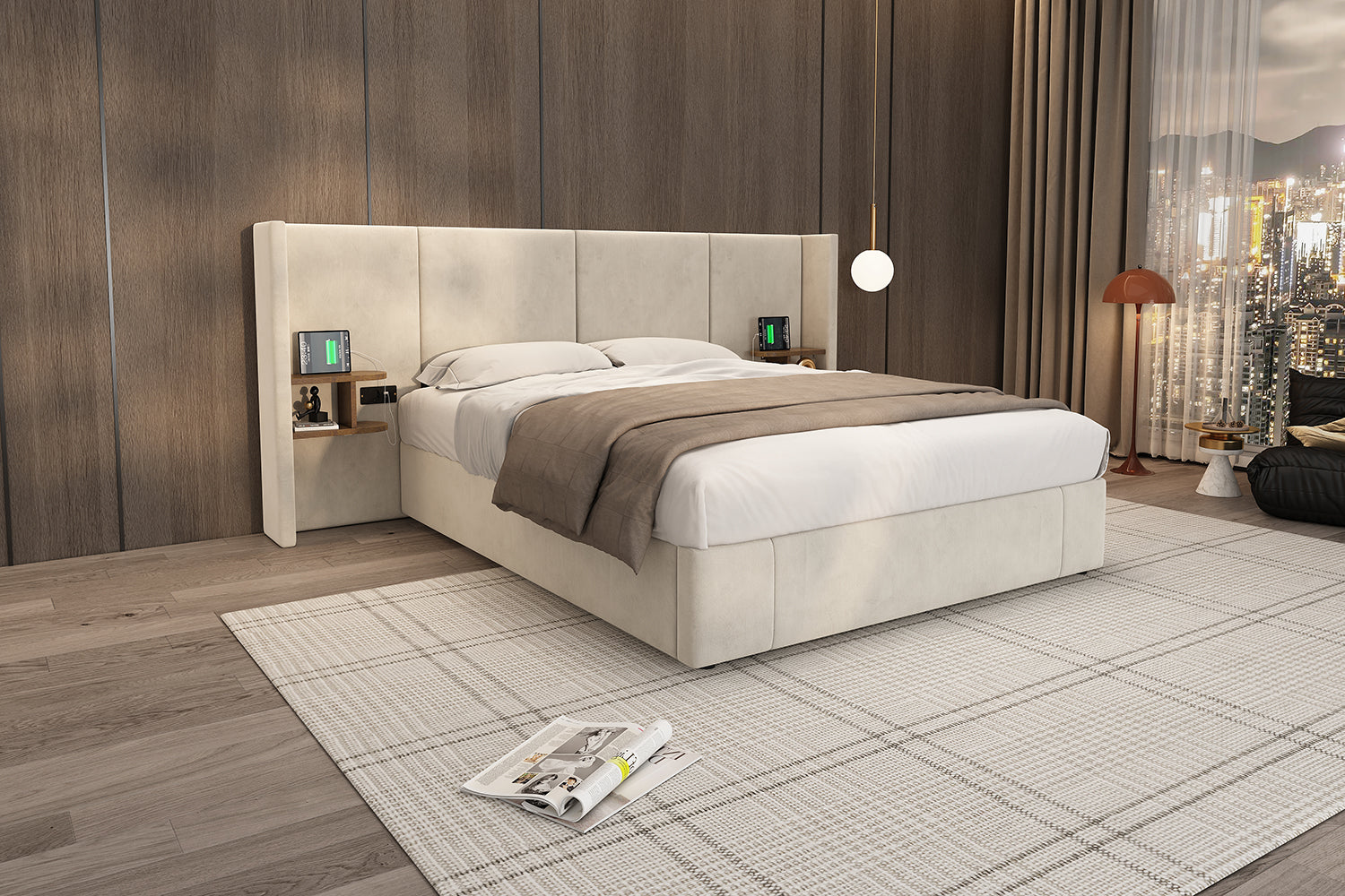 Logidon gestoffeerd bed 160x200 beige fluweel met USB-aansluitingen opbergruimte