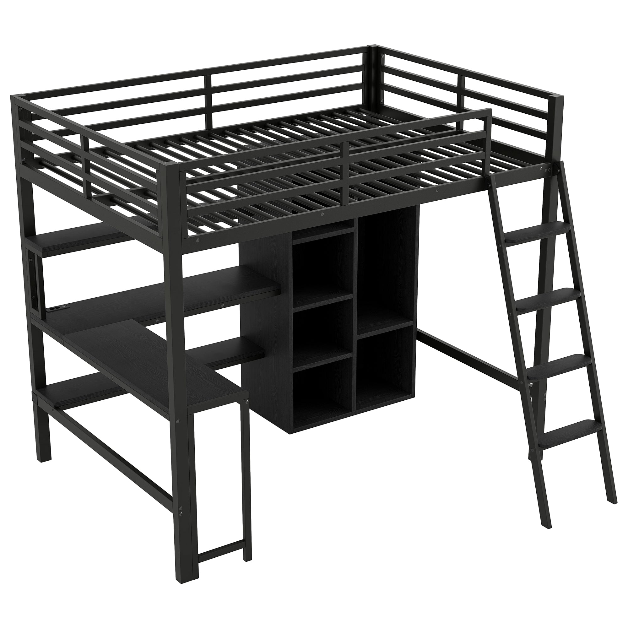 Logidon metalen hoogslaper 140x200 zwart met trap bureau USB LED