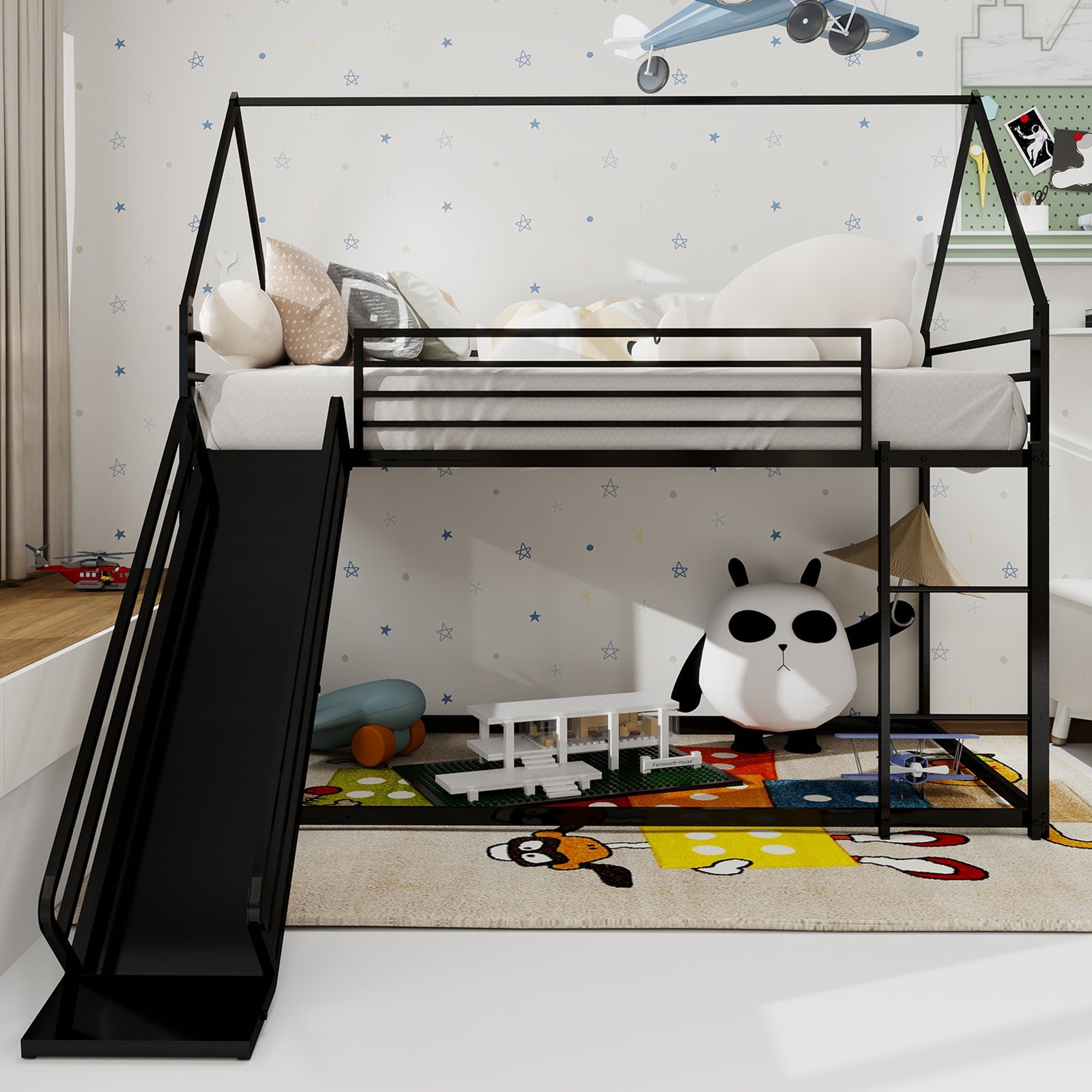 Logidon Twin over stapelbed met glijbaan Zwart