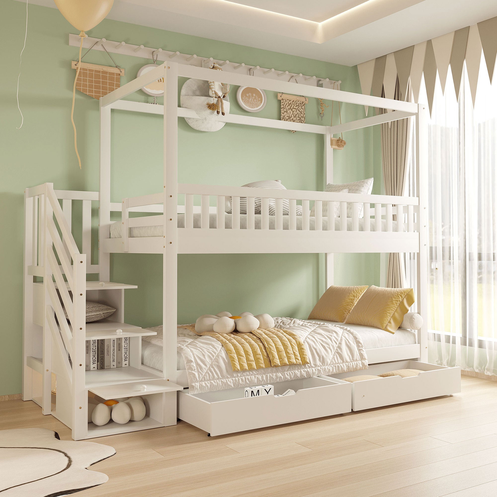 Logidon kinderstapelbed 90x200 witte huisvorm veiligheidsladder