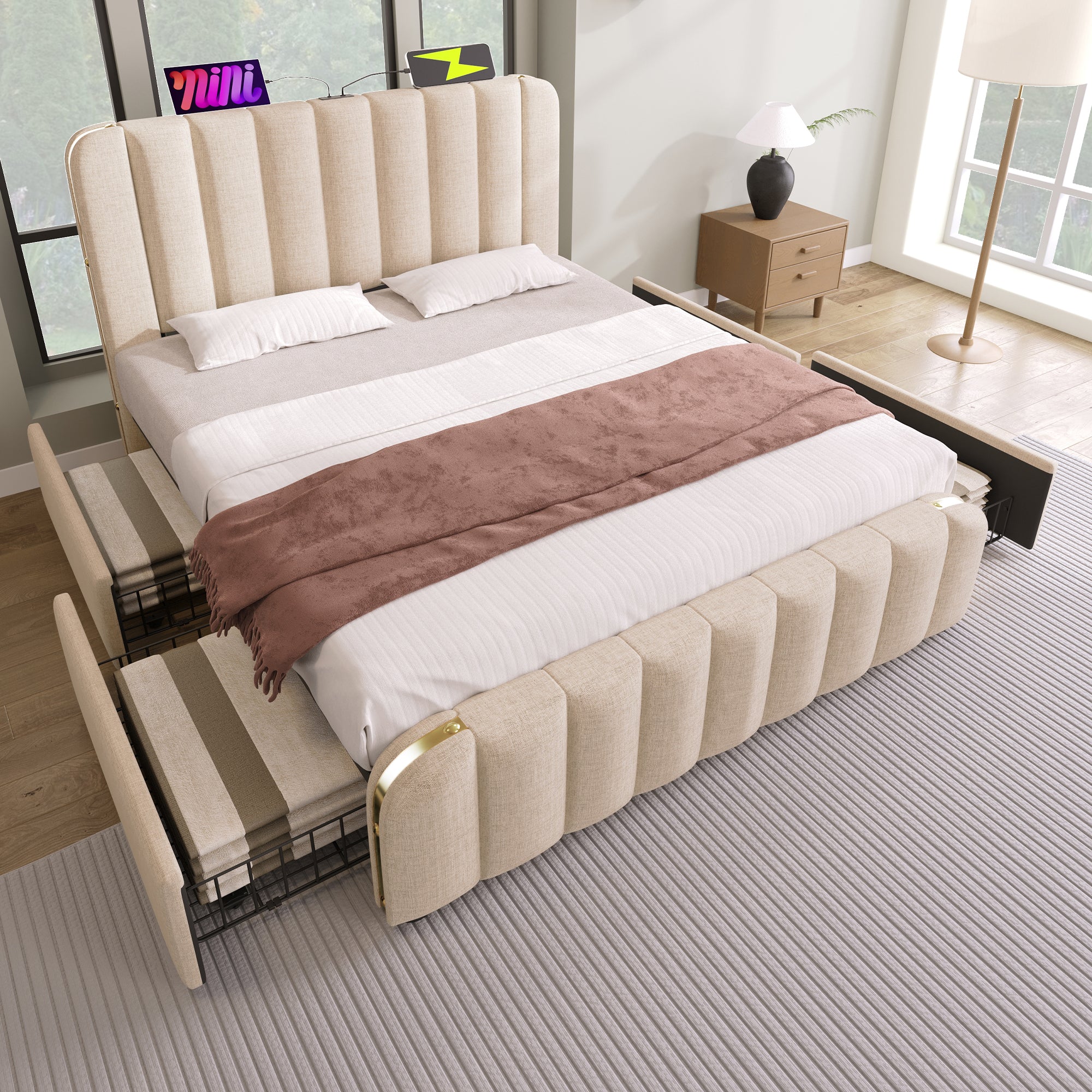 Logidon gestoffeerd bedhoofdeinde USB C oplaadfunctie 140x200 beige linnen