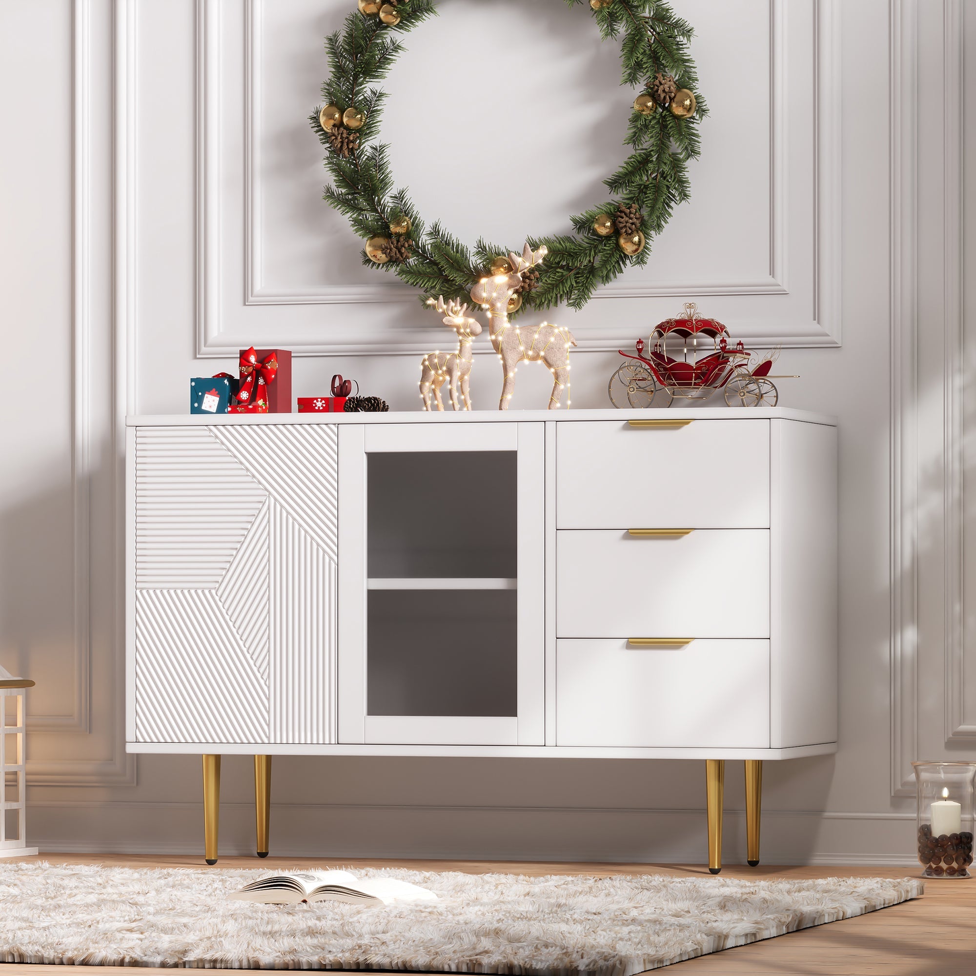 Logidon ladekast wit met 3 lades en 2 glazen deuren 120x38x79,5 cm