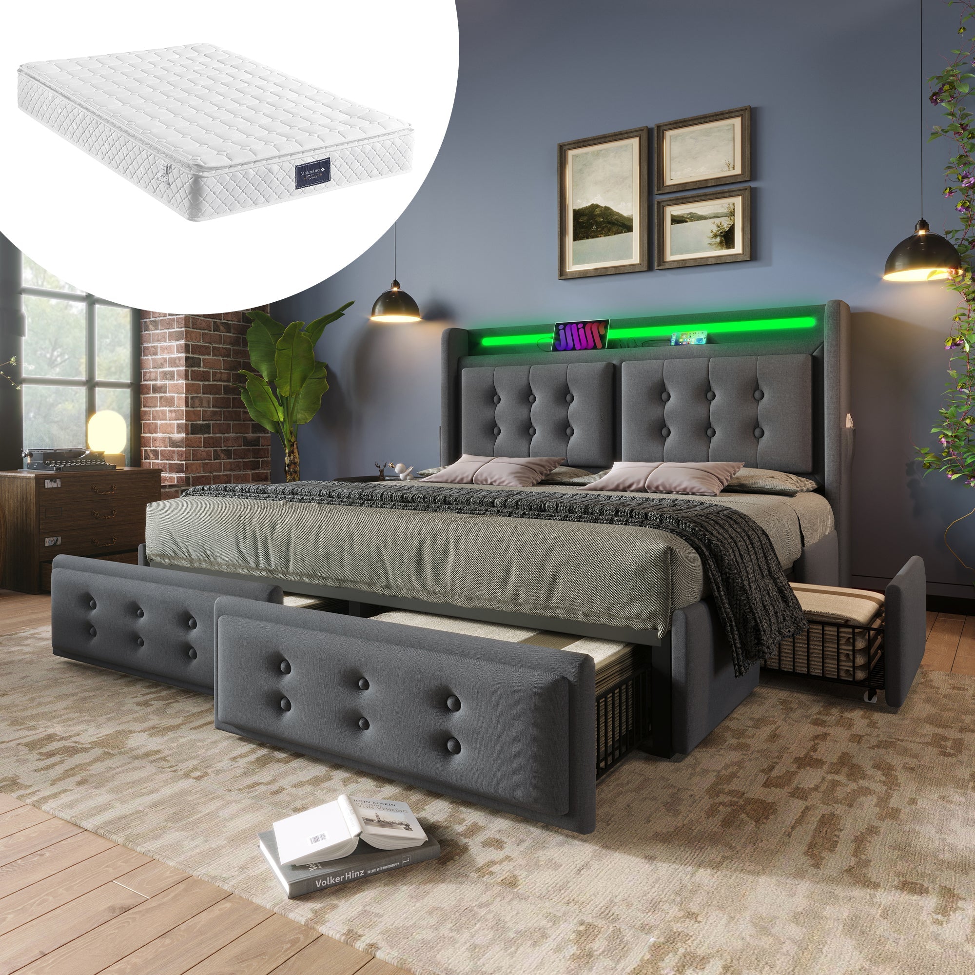 Logidon gestoffeerd bed 140x200 grijs met LED hoofdbord USB-C oplaadfunctie