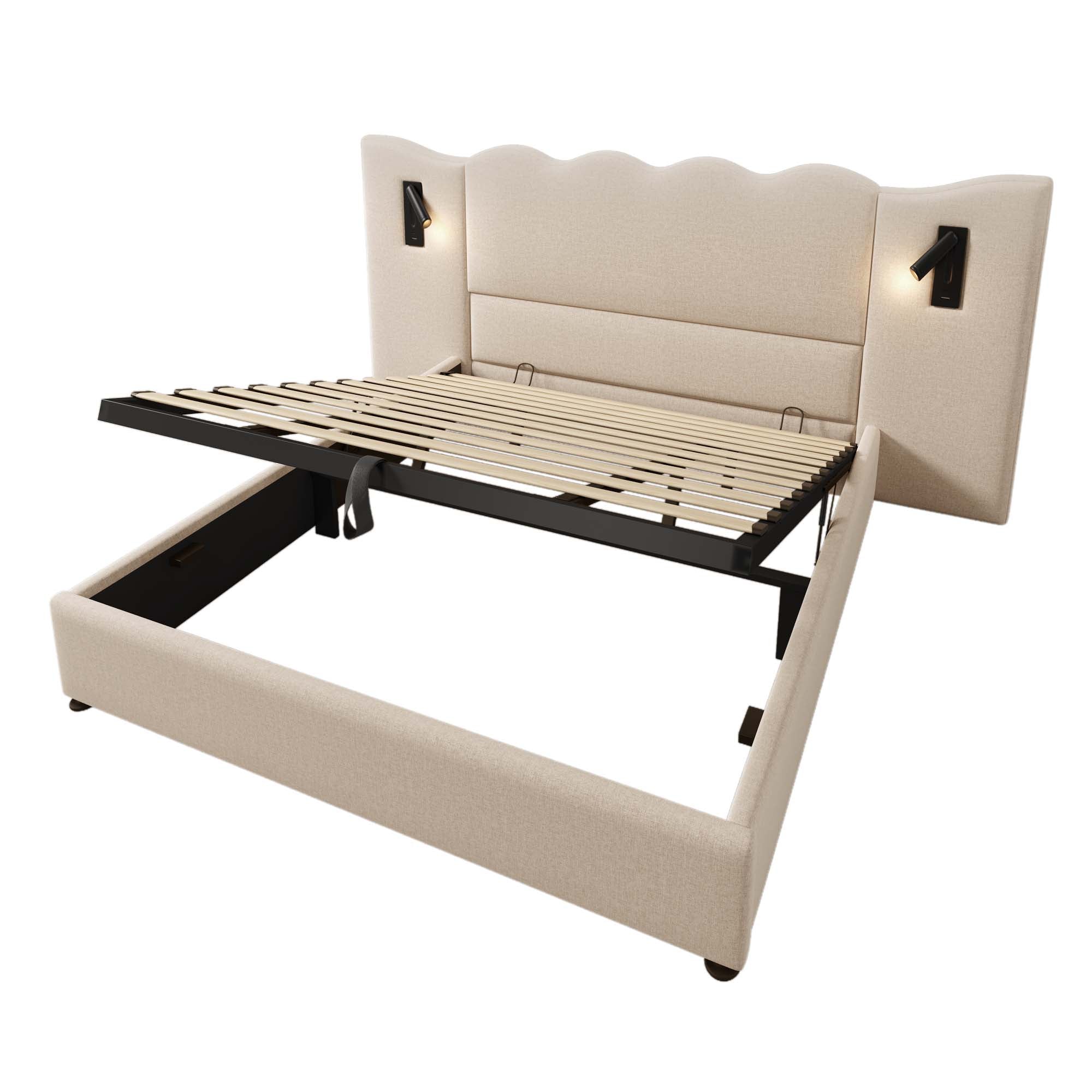 Logidon upholstered bed double bed 180x200 reading lamp USB C beige linen