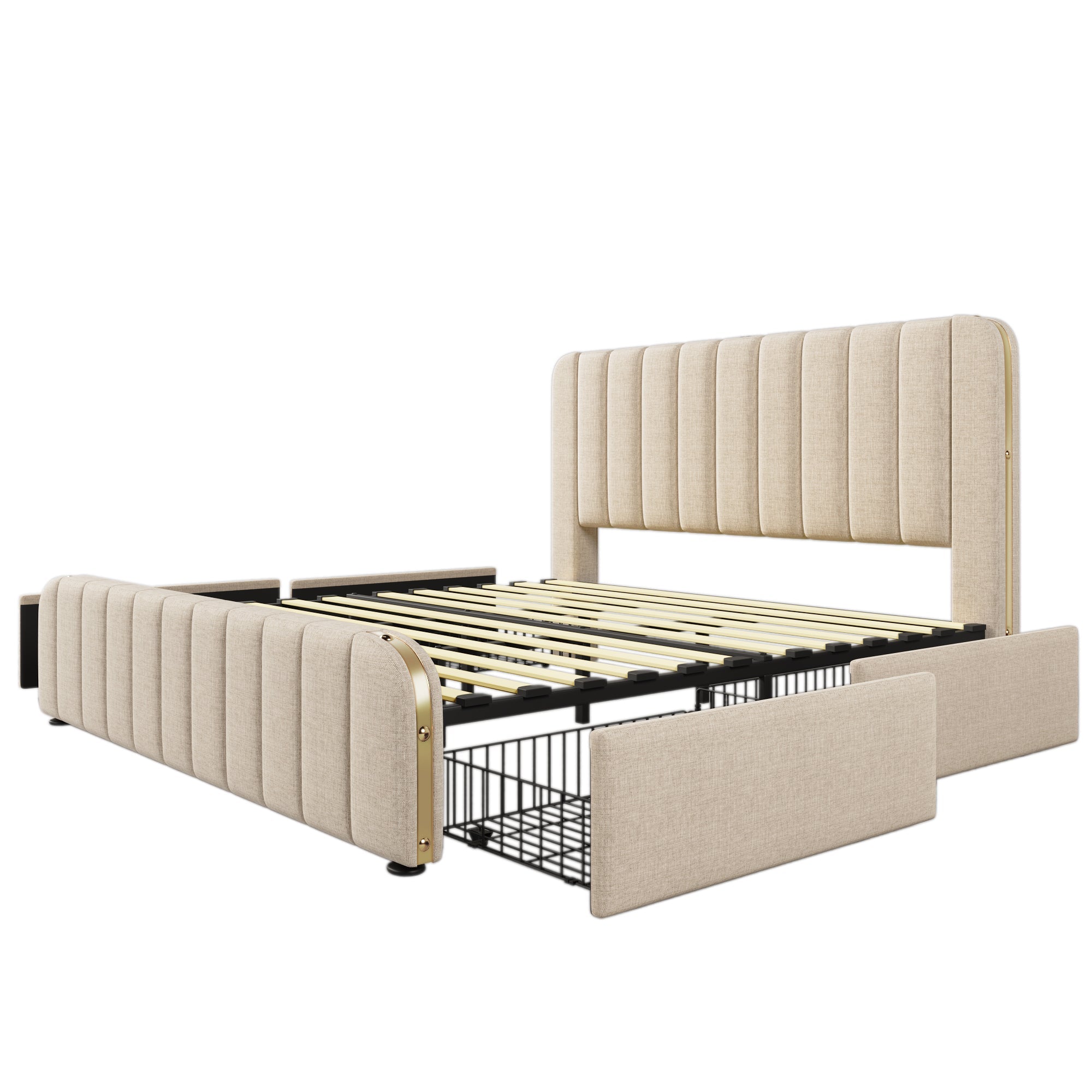 Logidon upholstered bed beige linen with USB Type C charging function 180x200 cm