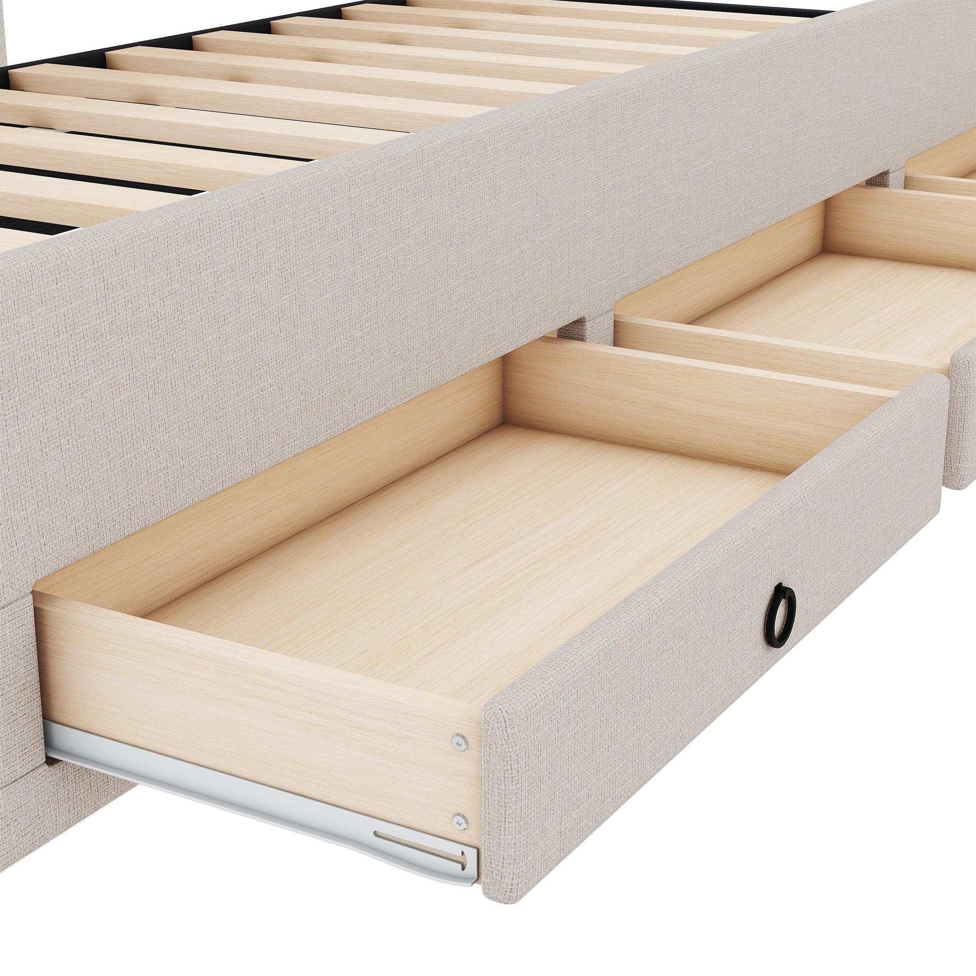 Logidon gestoffeerd bed 90x200 beige uitschuifbaar onderschuifbed 3 lades