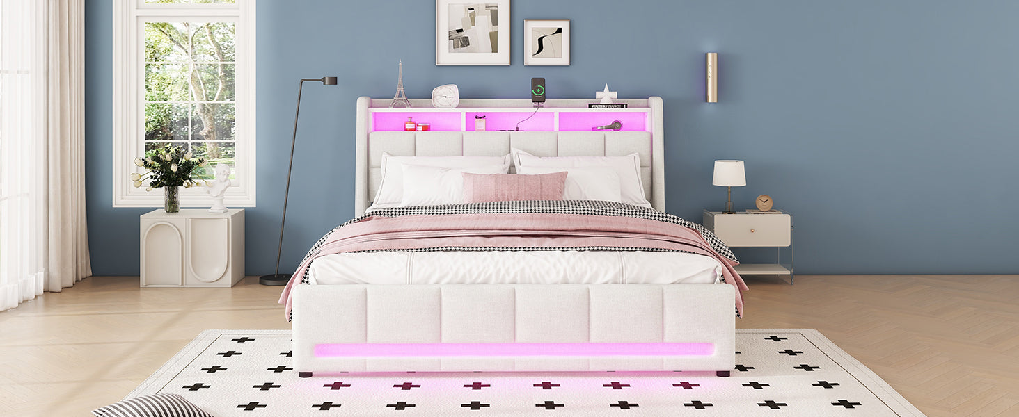 Logidon gestoffeerd bed 160x200 cm beige linnen met LED app bediening