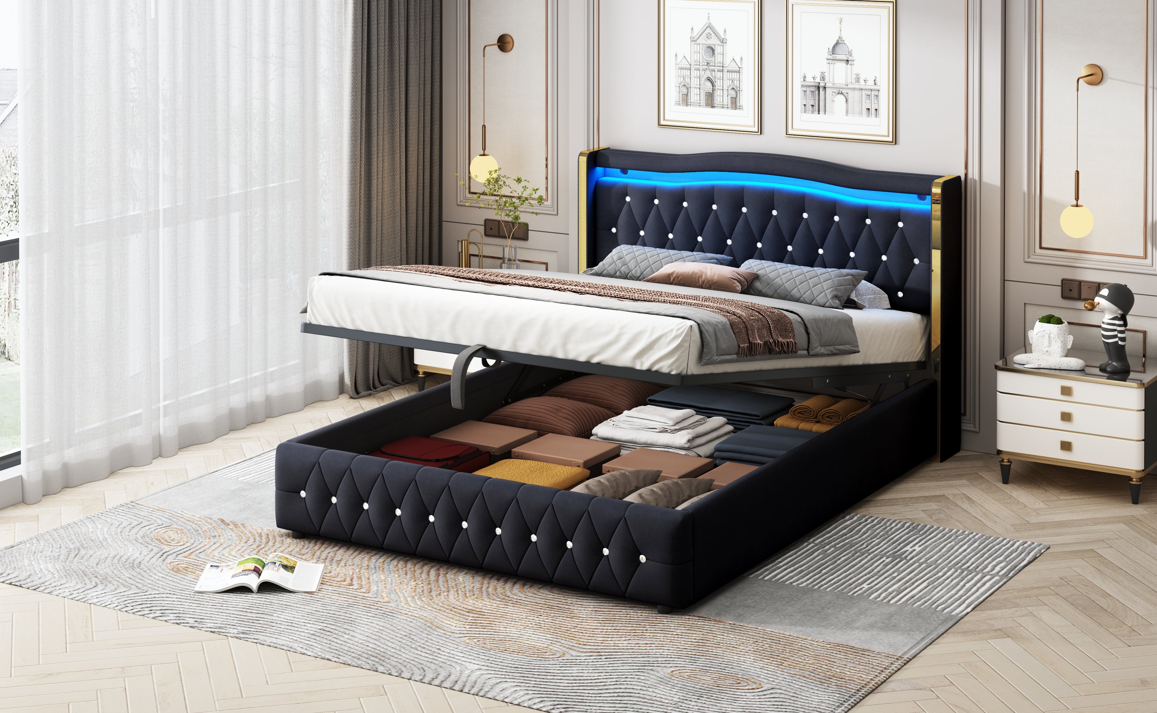 Logidon gestoffeerd bed 160x200 zwart fluweel stof met LED verlichting
