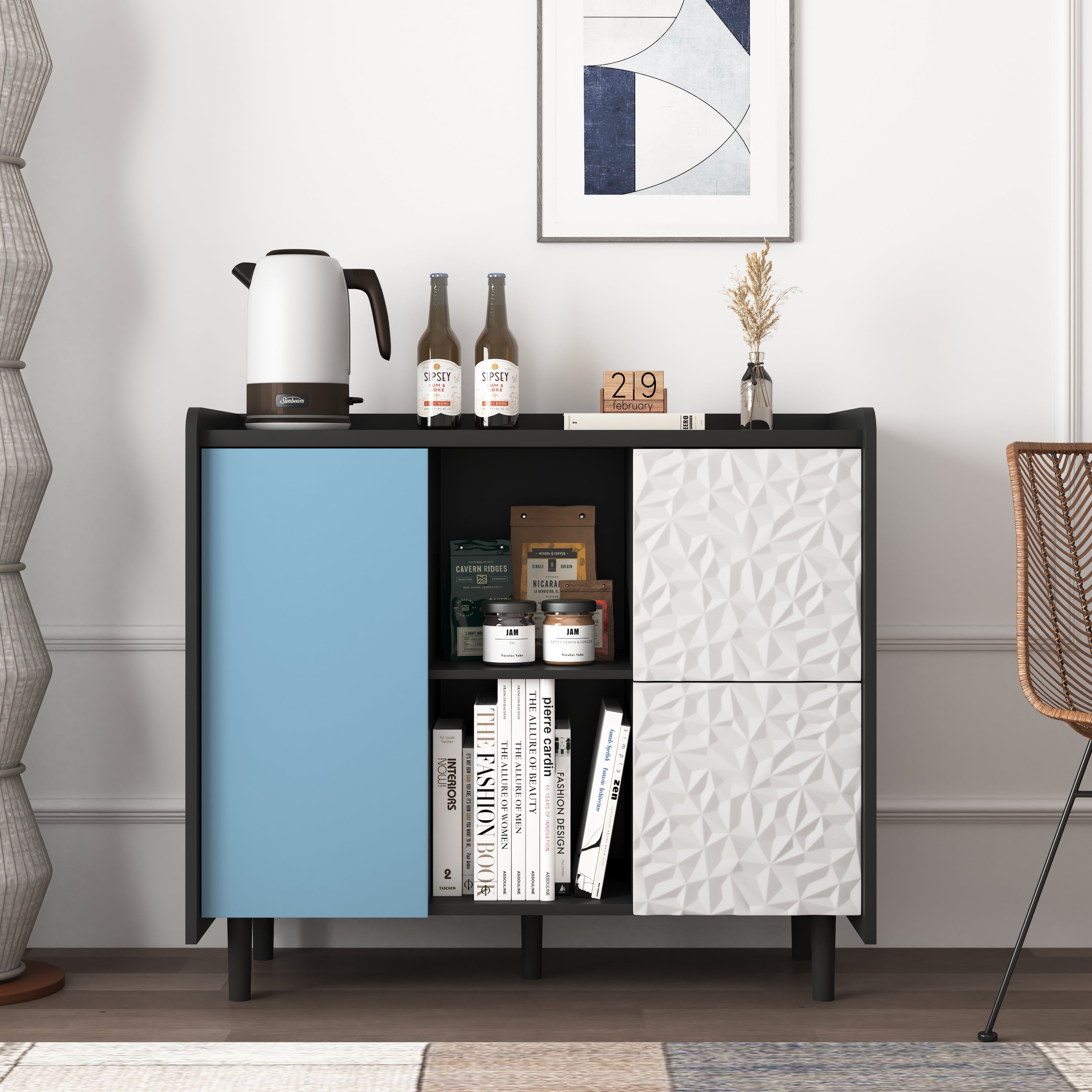 Logidon Dressoir Buffetkast 90 cm Blauw Wit Geometrische Fronten