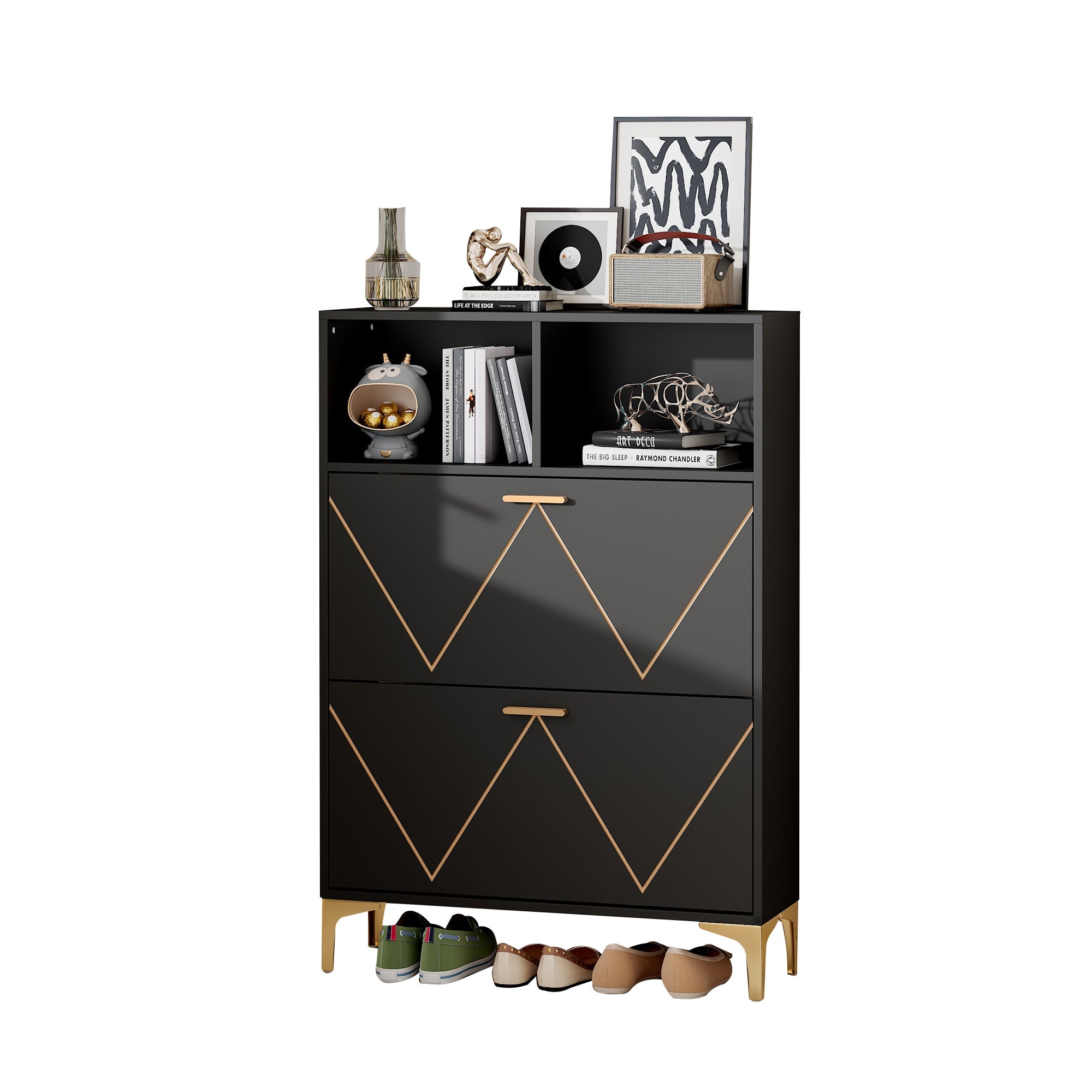 Logidon shoe cabinet 80x25x117 cm black with folding doors and four shoe shelves