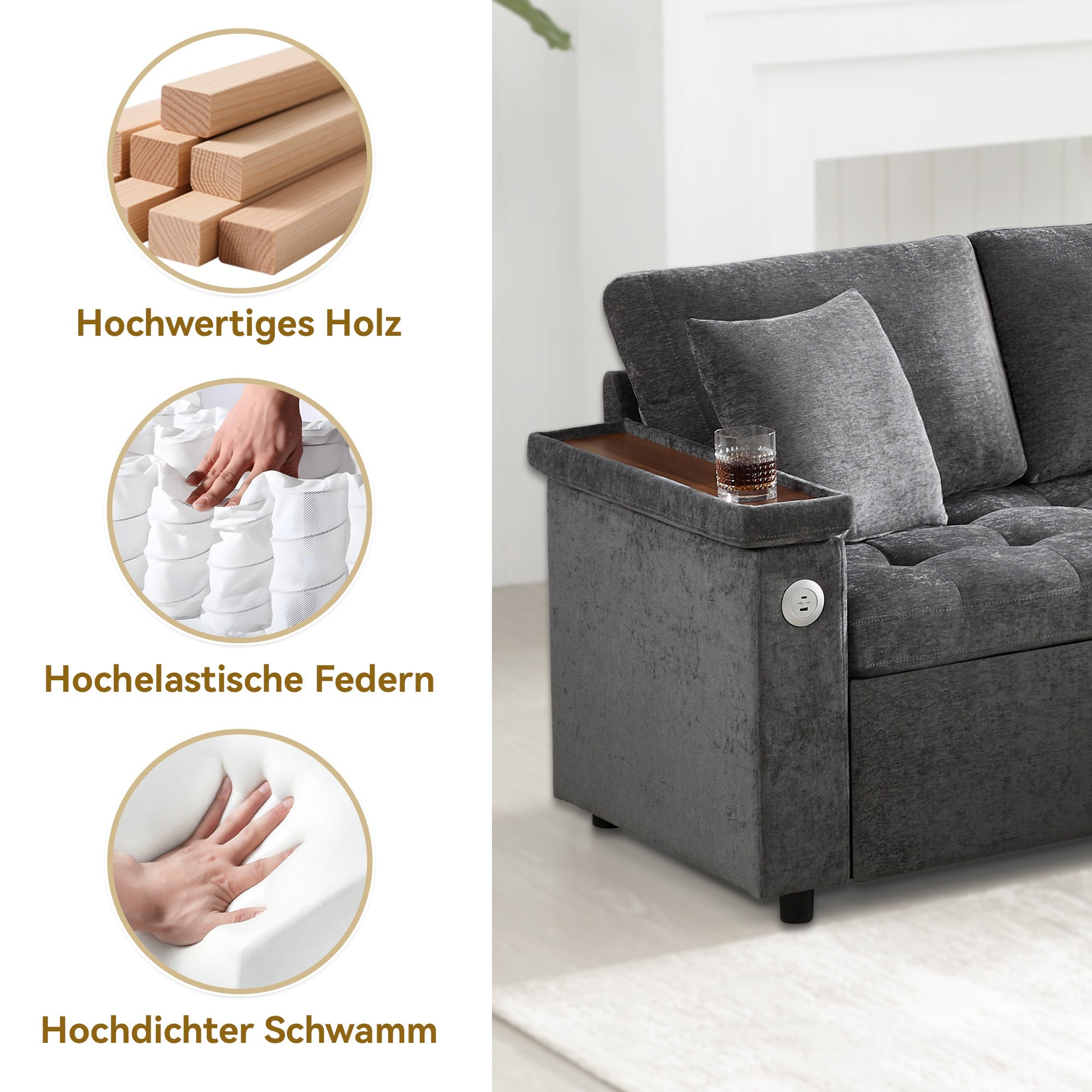 Logidon L-vorm slaapbank grijs fluweel chenille 209x130 cm opbergruimte