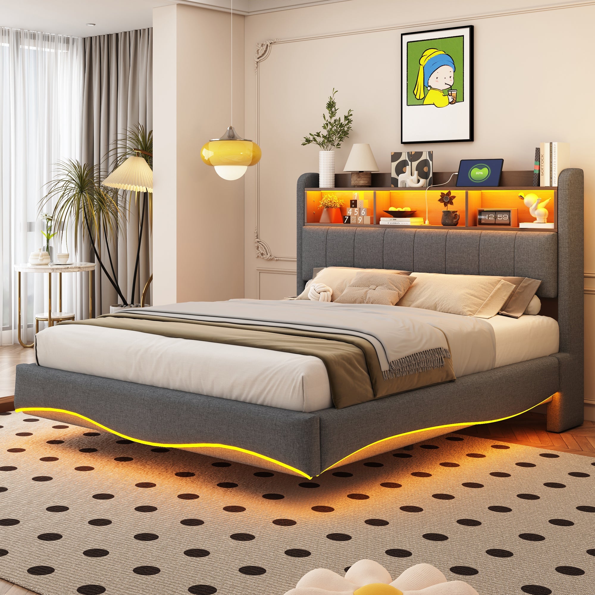 Logidon upholstered bed 140x200 gray with LED light USB storage space