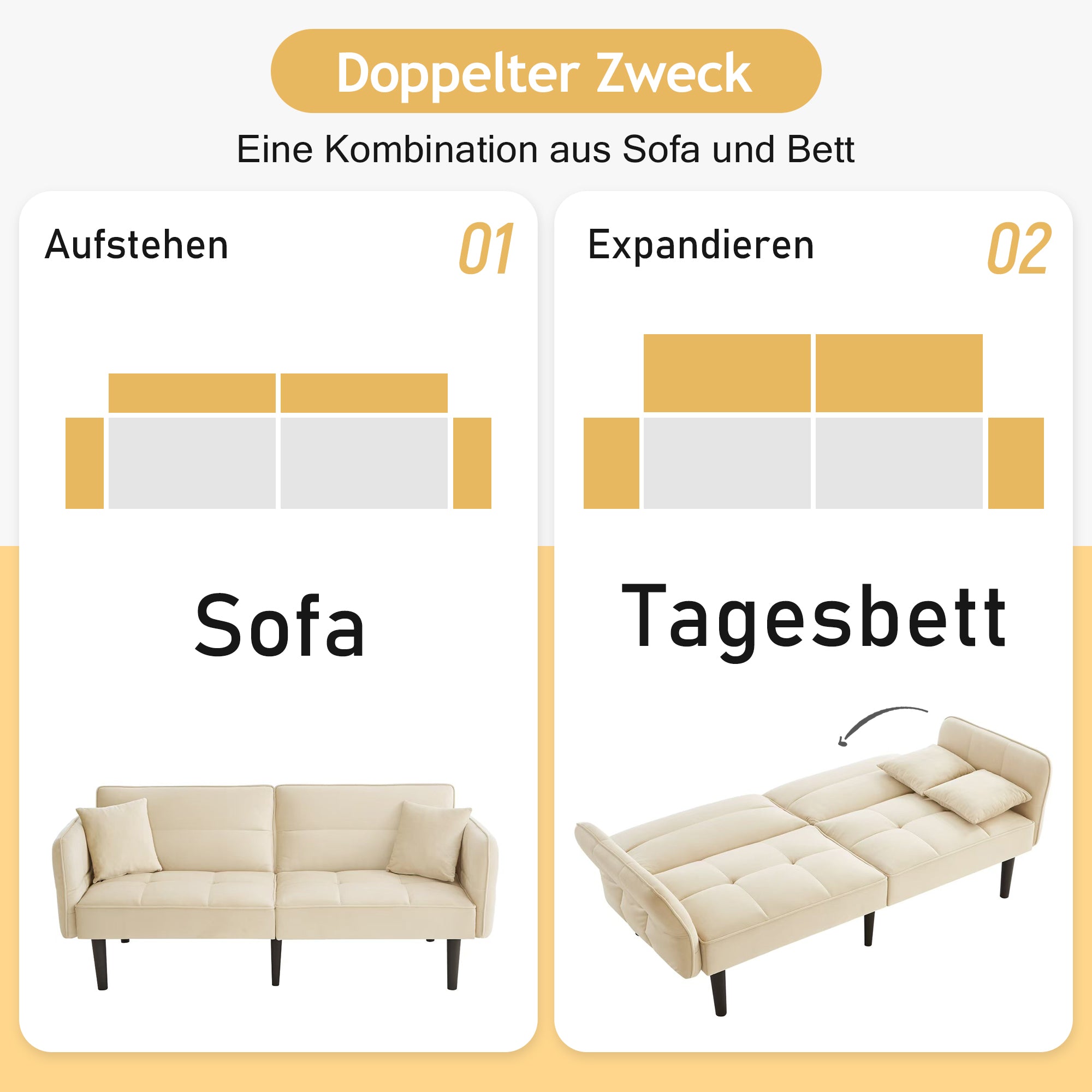 Logidon 2-in-1 slaapbank beige fluwelen hoes verstelbare tweezits