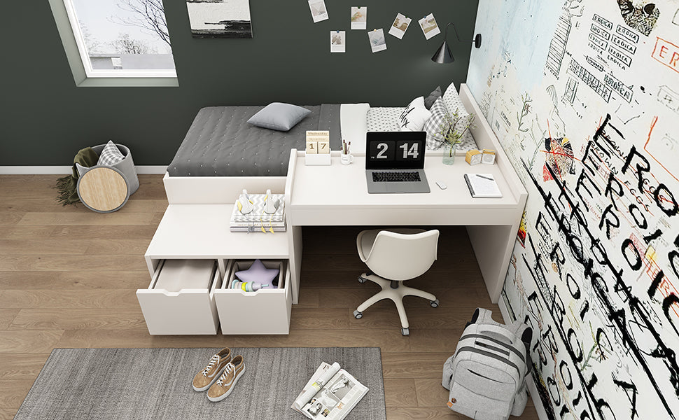 Logidon kinderbed 90x200 massief hout wit met bureau en opbergruimte