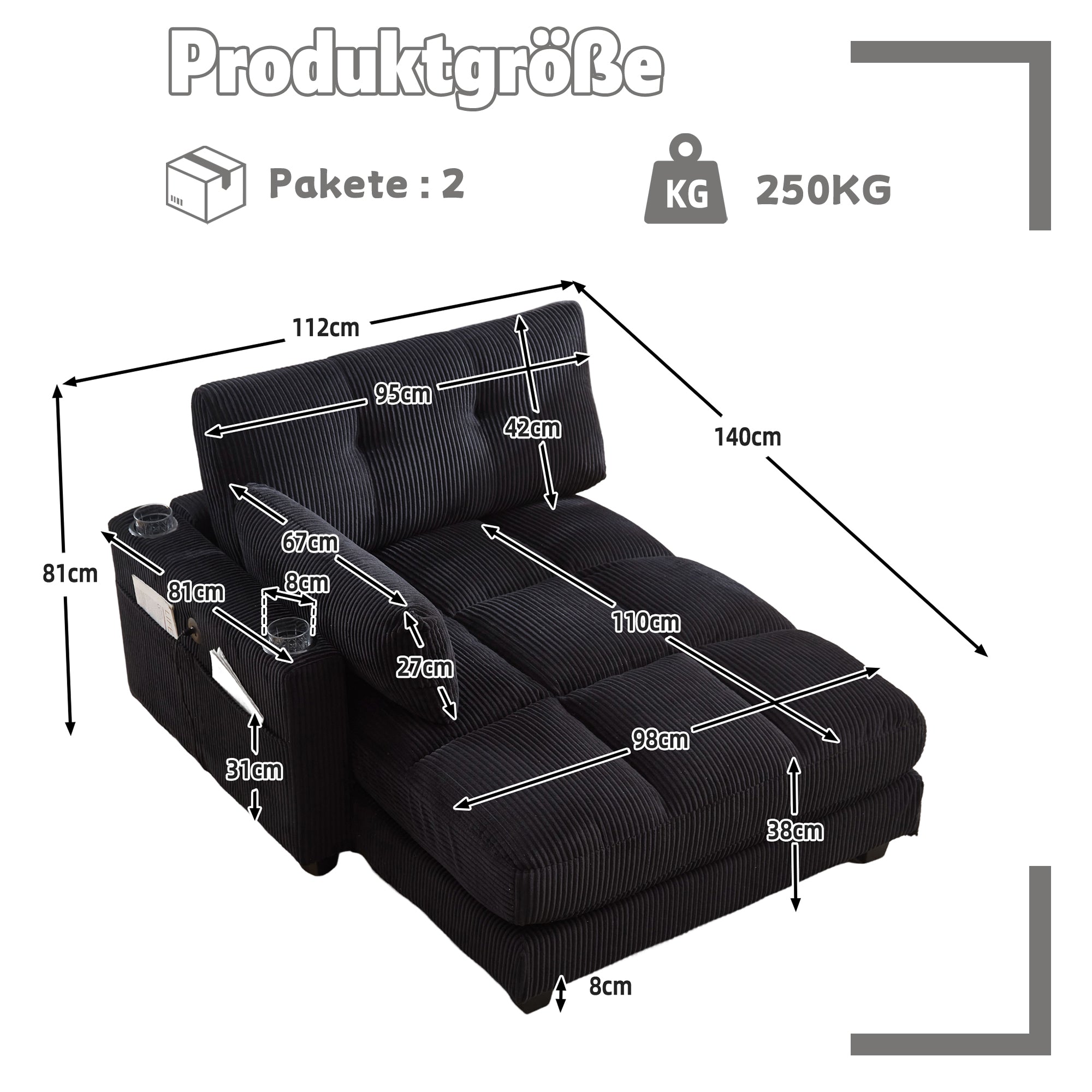 Logidon palmstoel fluwelen bank zwart met USB-oplaadfunctie