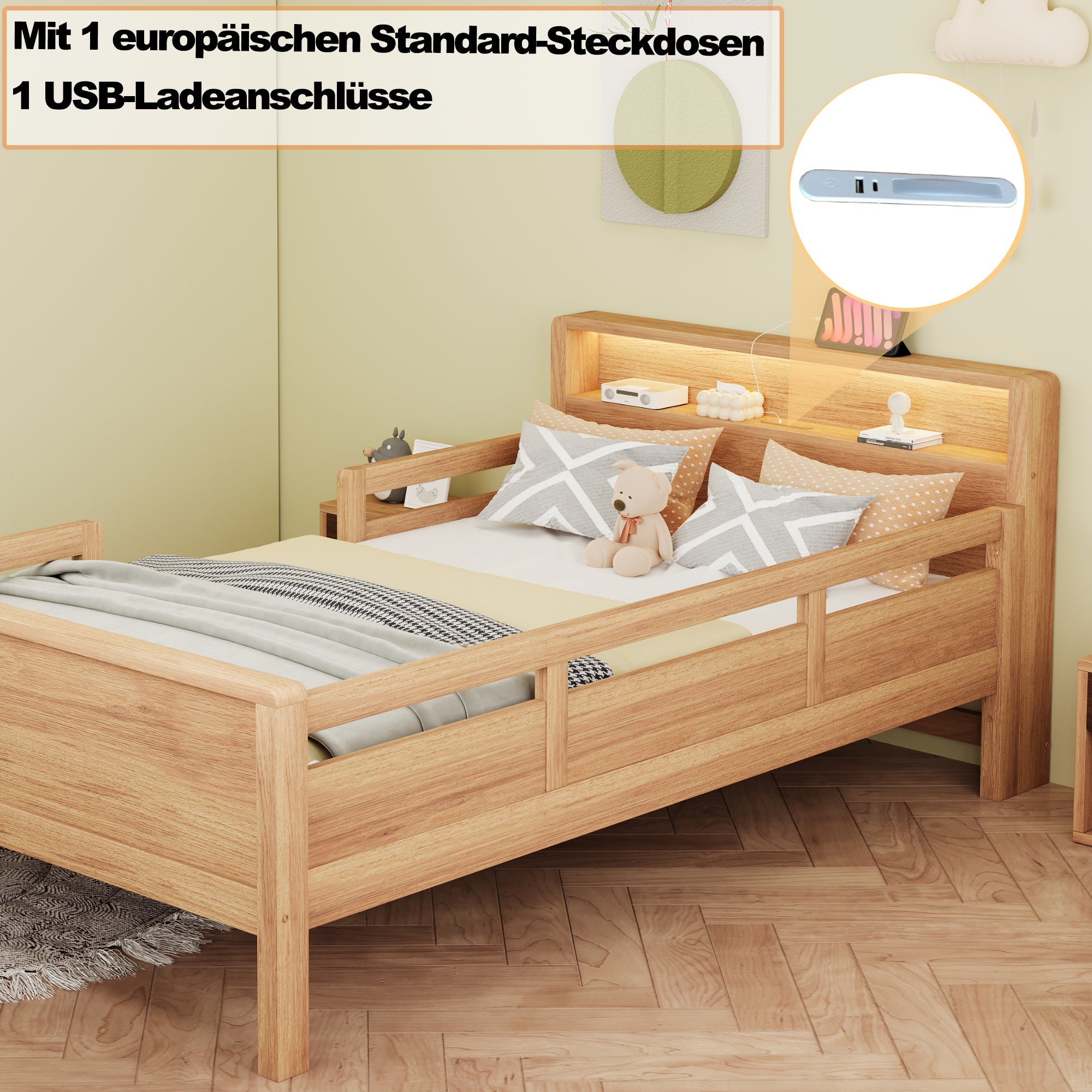 Logidon houten bed 90x200 cm naturel met USB-C stopcontact en LED