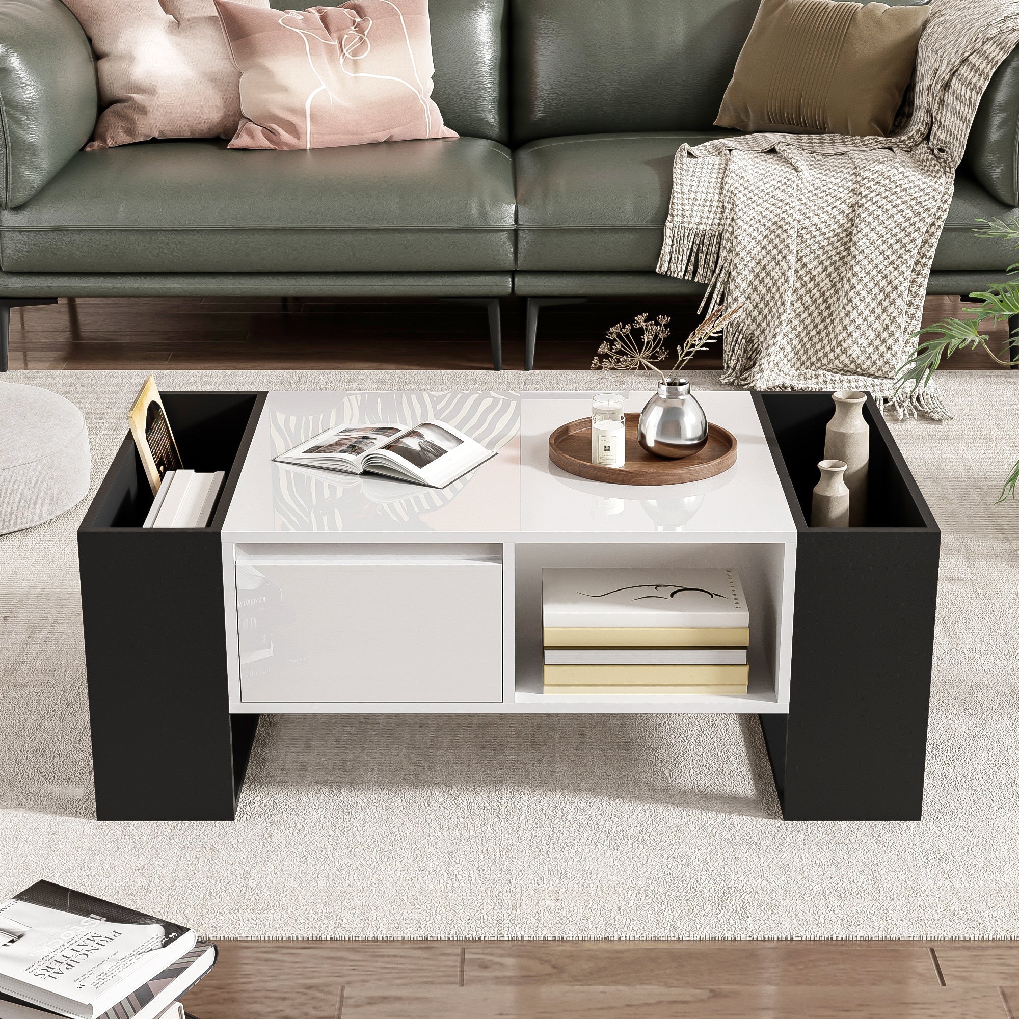 Logidon Moderne salontafel 105x60x40,5 cm hoogglans zwart en witte lade