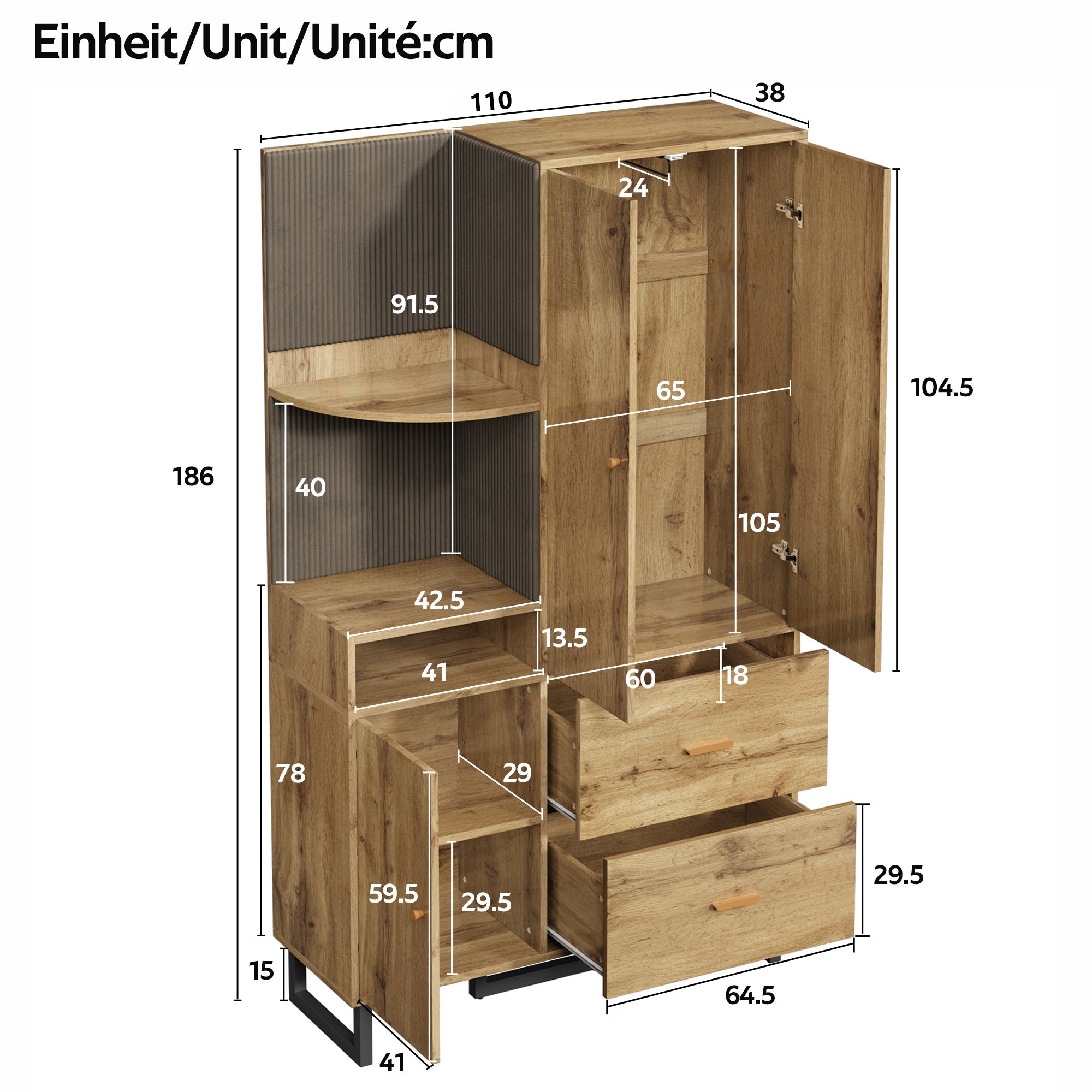 Logidon compacte kledingkast gewatteerde panelen 110 x 186 x 38 cm houtlook