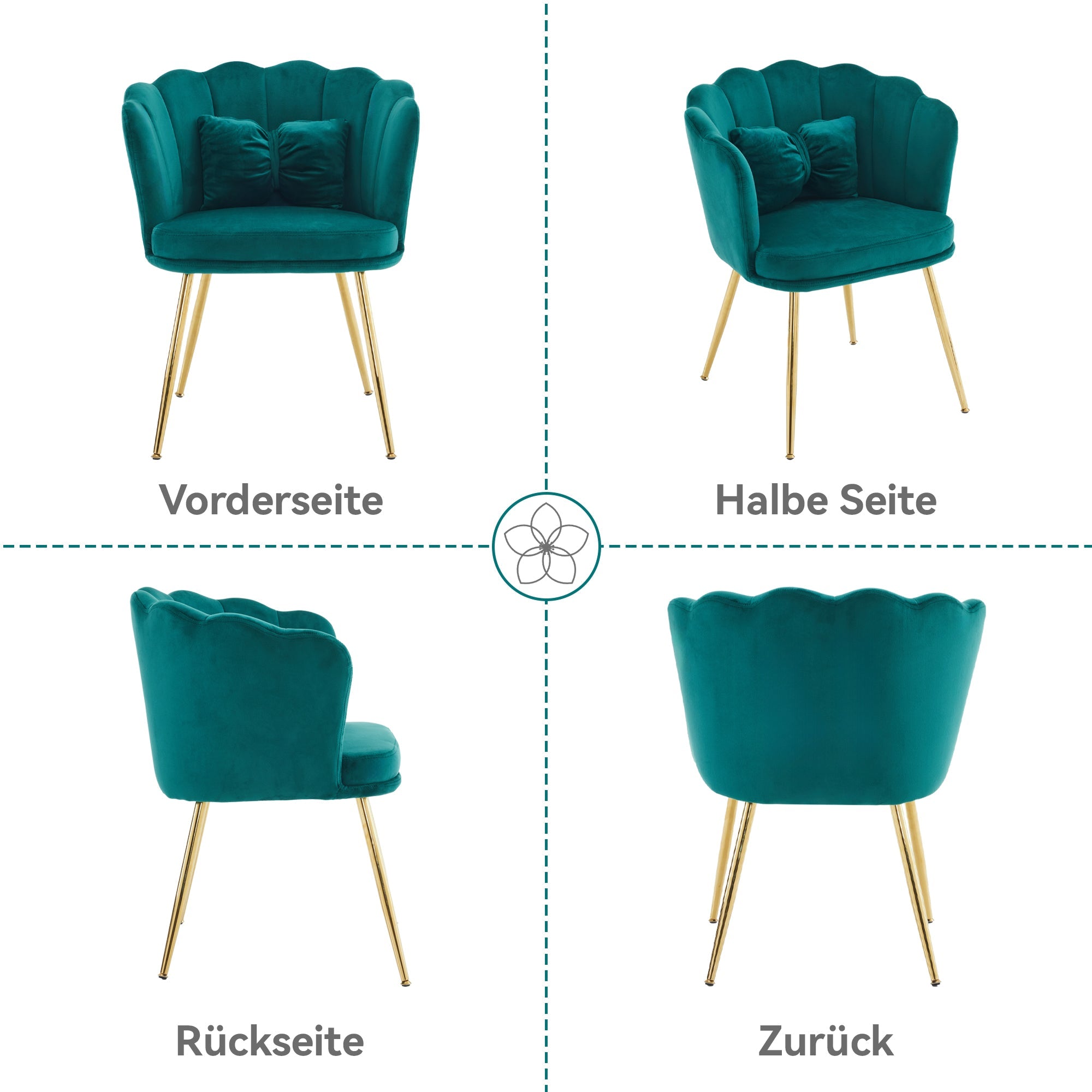 Logidon Set van 4 Fluwelen Stoelen Groen met Bladdesign en Gouden Poten
