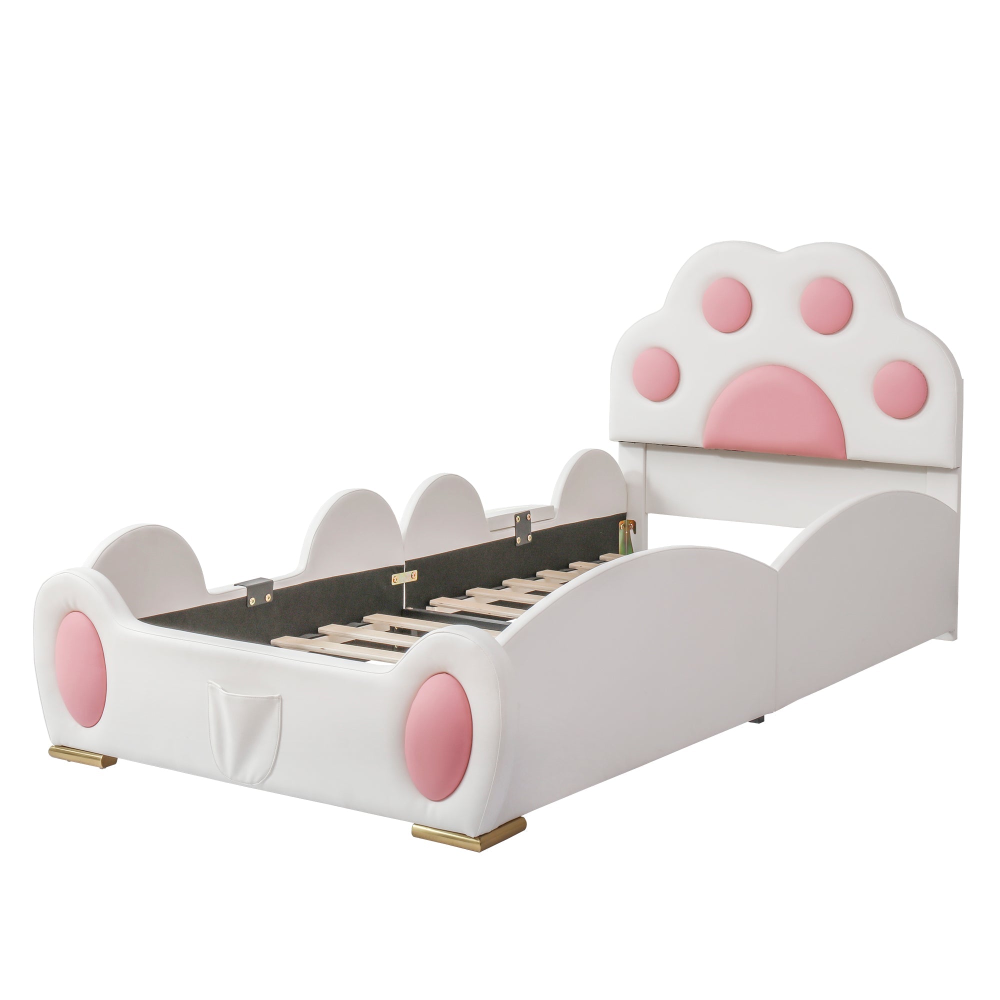 Logidon gestoffeerd bed 90x200 cm wit roze met kattenpoot hoofdeinde
