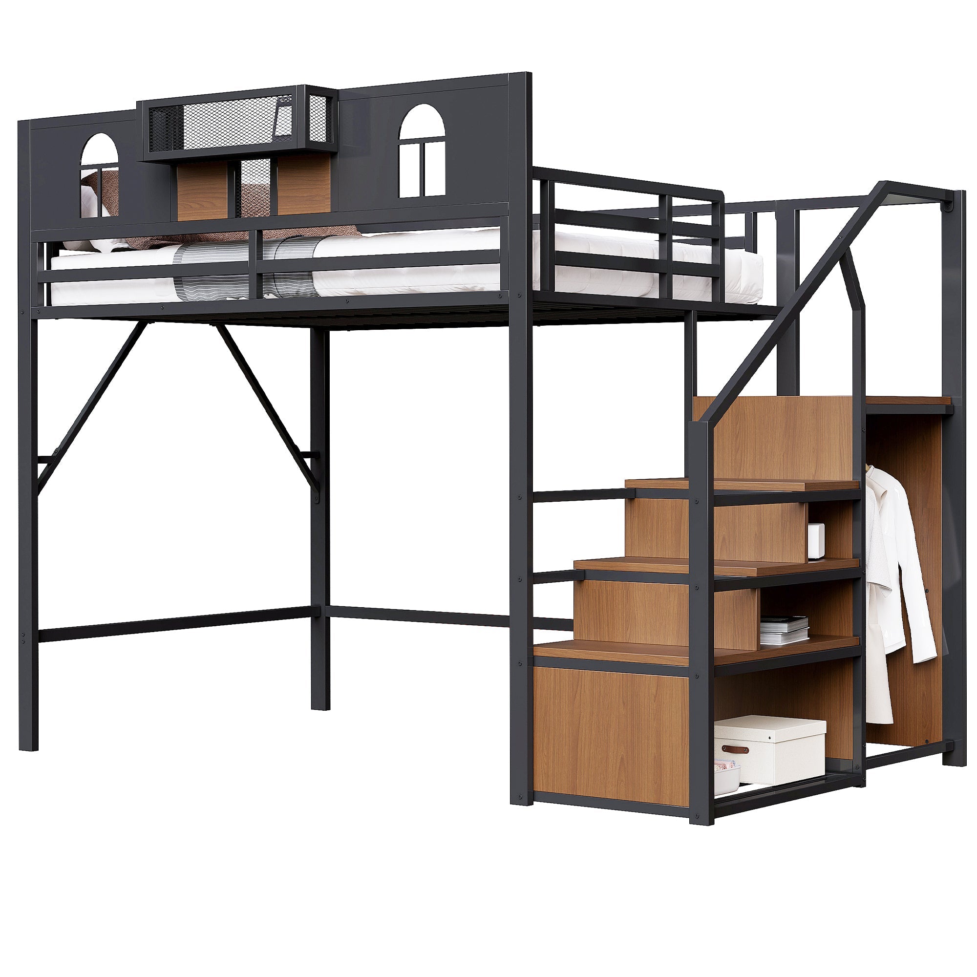 Logidon metalen hoogslaper 140x200 zwart met opbergladder