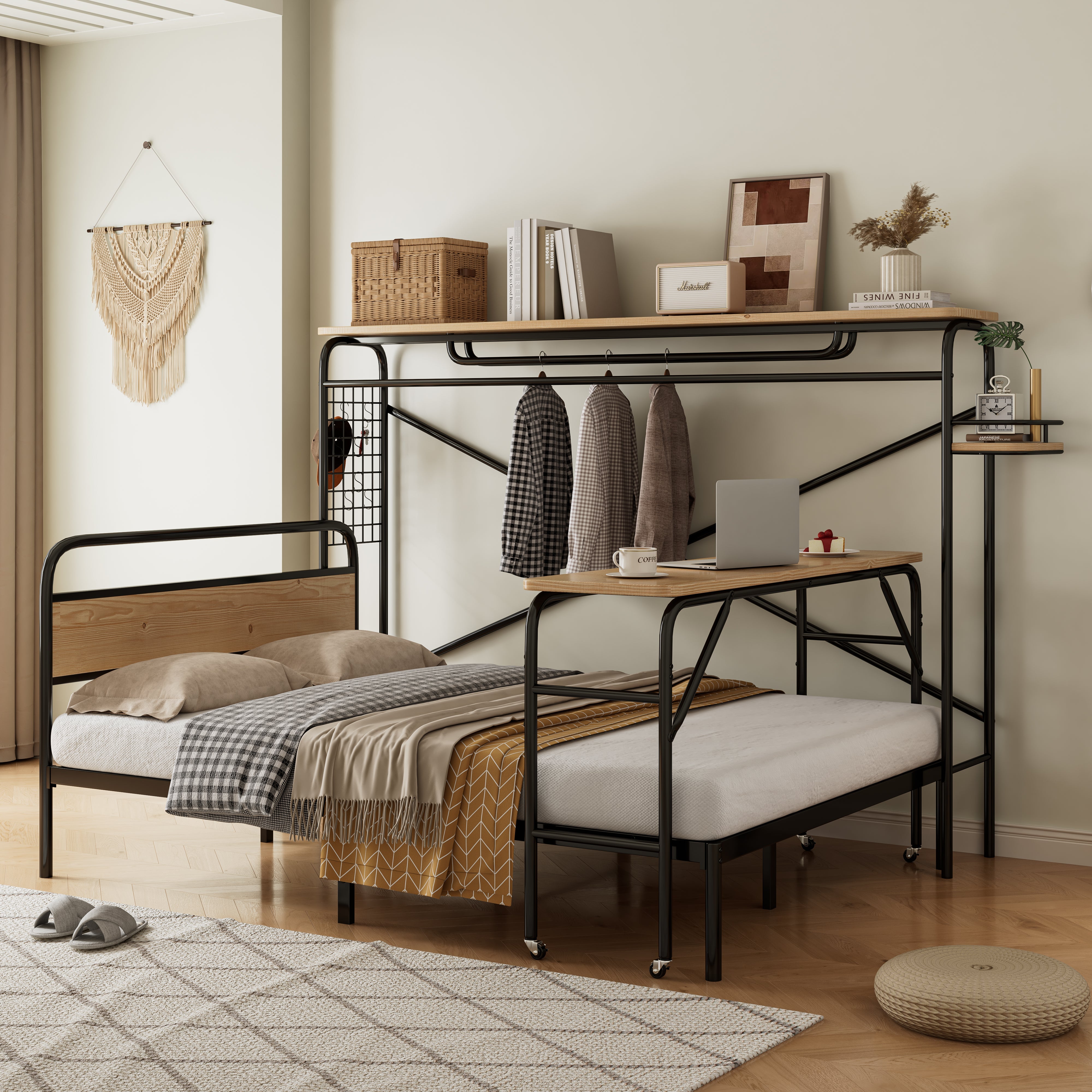 Logidon metalen bed 140x200 met tafelkapstok zwart naturel