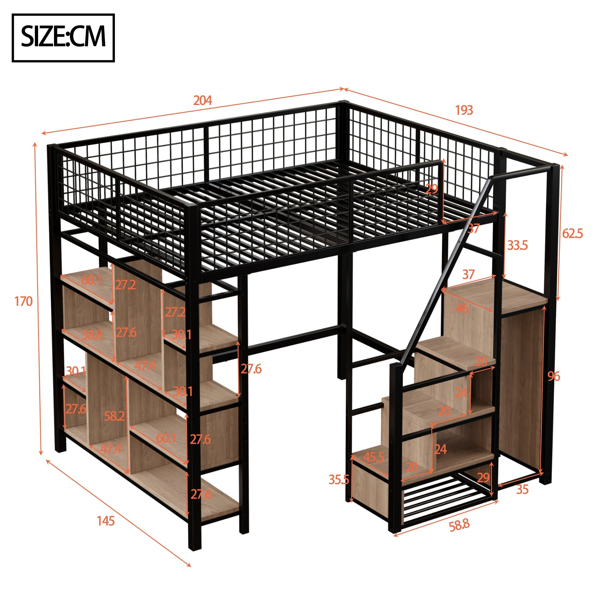 Logidon hoogslaper 140x200 cm metaal zwart met opbergruimte trap