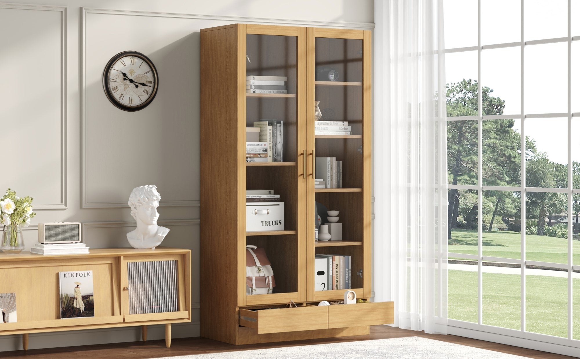 Logidon vitrinekast 80x40x160 cm naturel hout met push-to-open lades