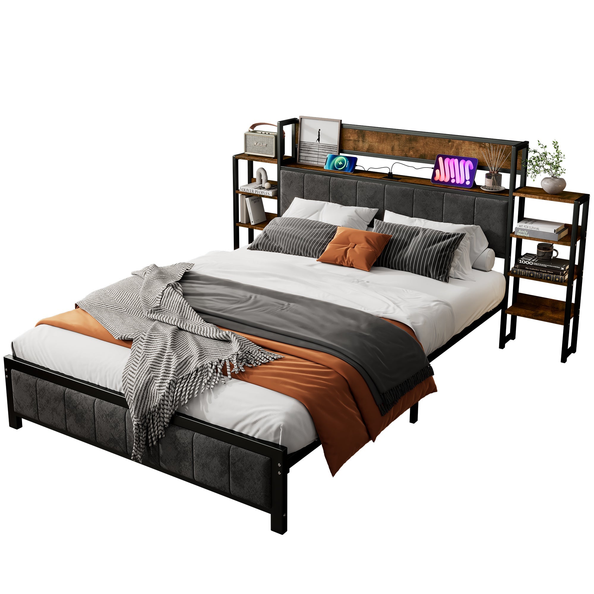 Logidon metalen bed 140x200 met opbergruimte USB-poorten zwart walnoot
