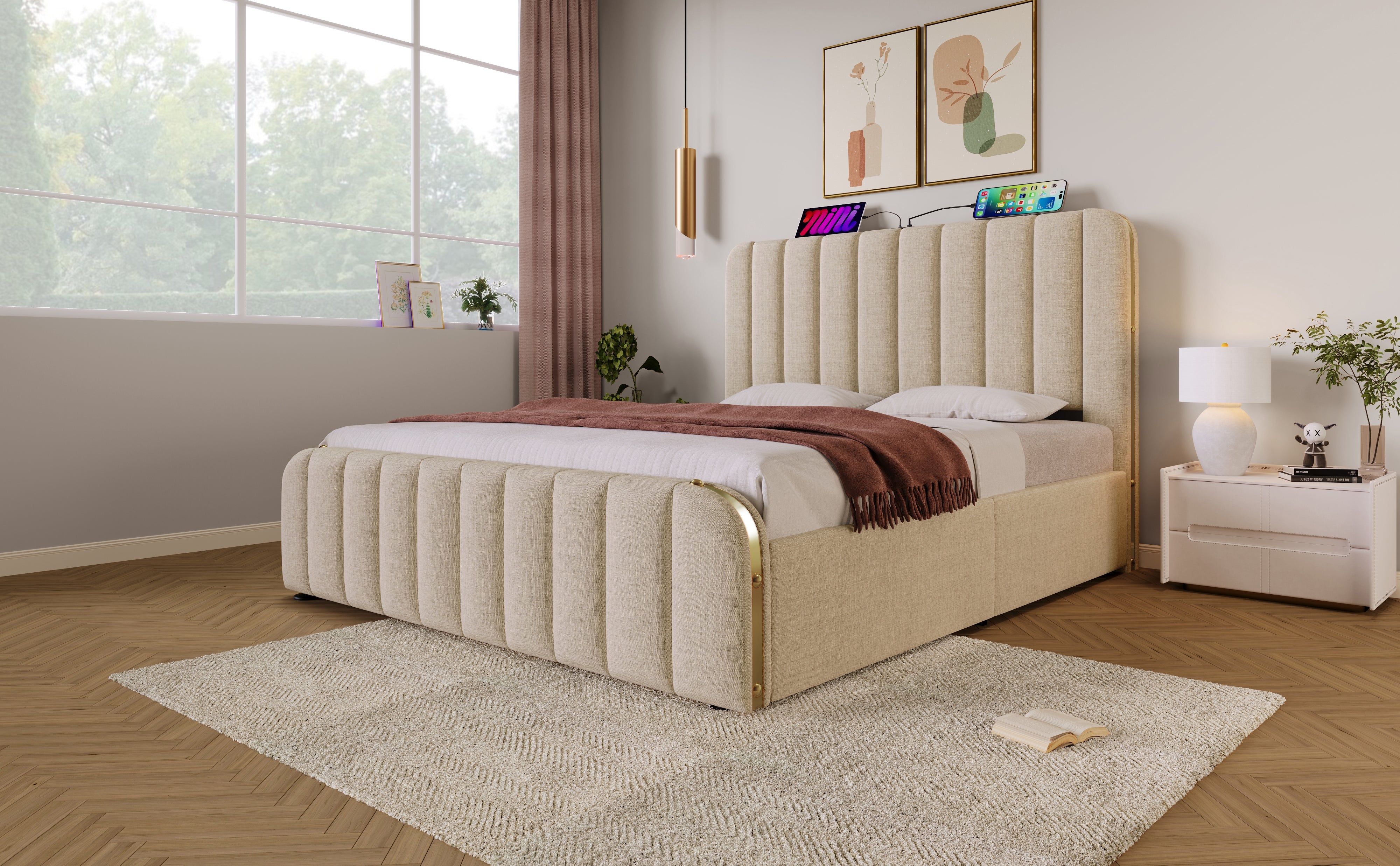 Logidon upholstered bed 140x200 golden decorative stripes headboard beige