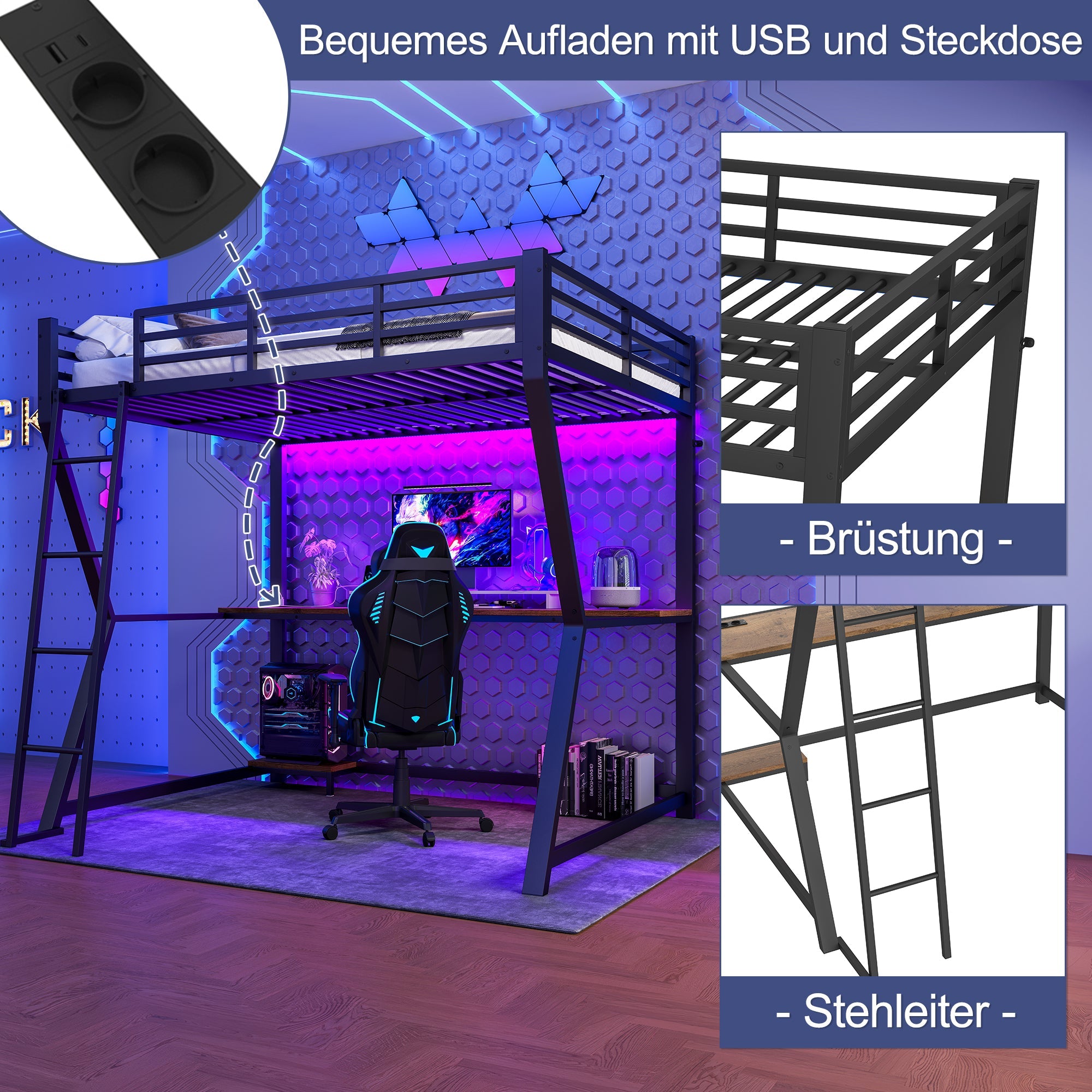 Logidon loft bed 140x200 cm with LED lighting and desk