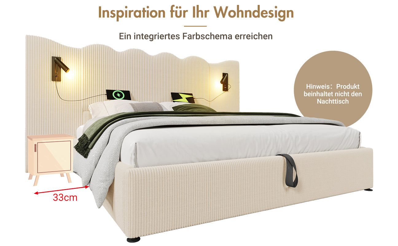 Logidon gestoffeerd bed tweepersoonsbed 180x200 beige-wit leeslamp USB-C opladen