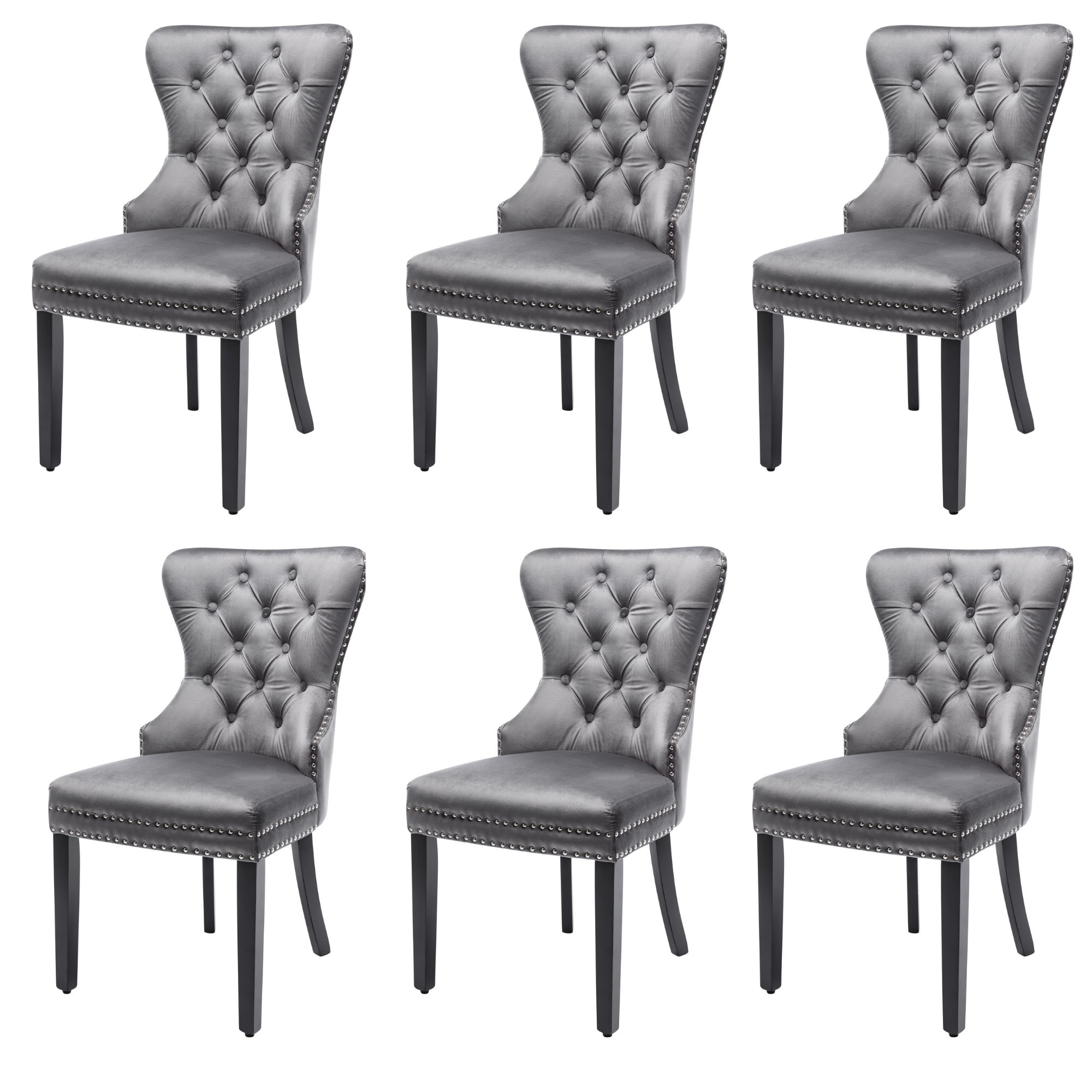 Logidon Velvet Dining Chairs Set of 6 Gray Oak Leg Button Trim