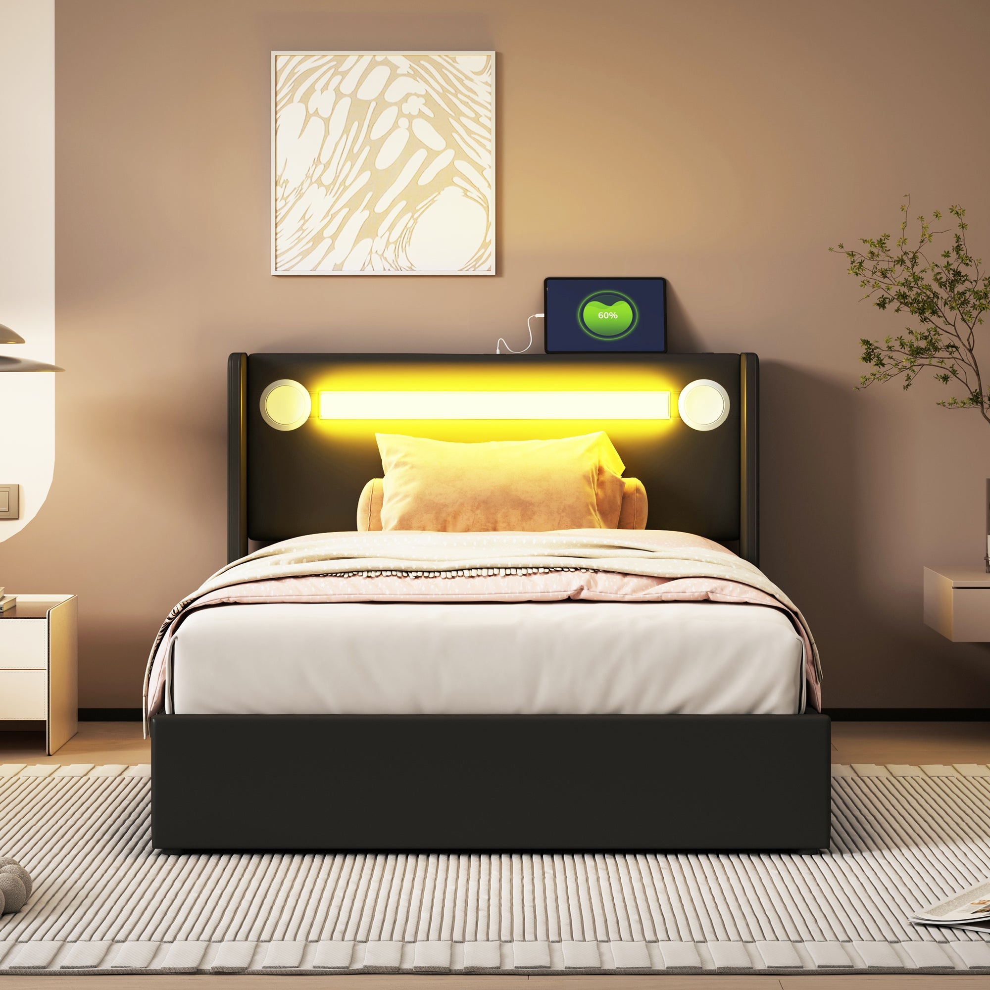 Logidon gestoffeerd bed 90x200 met LED lichtstrip Bluetooth USB zwart