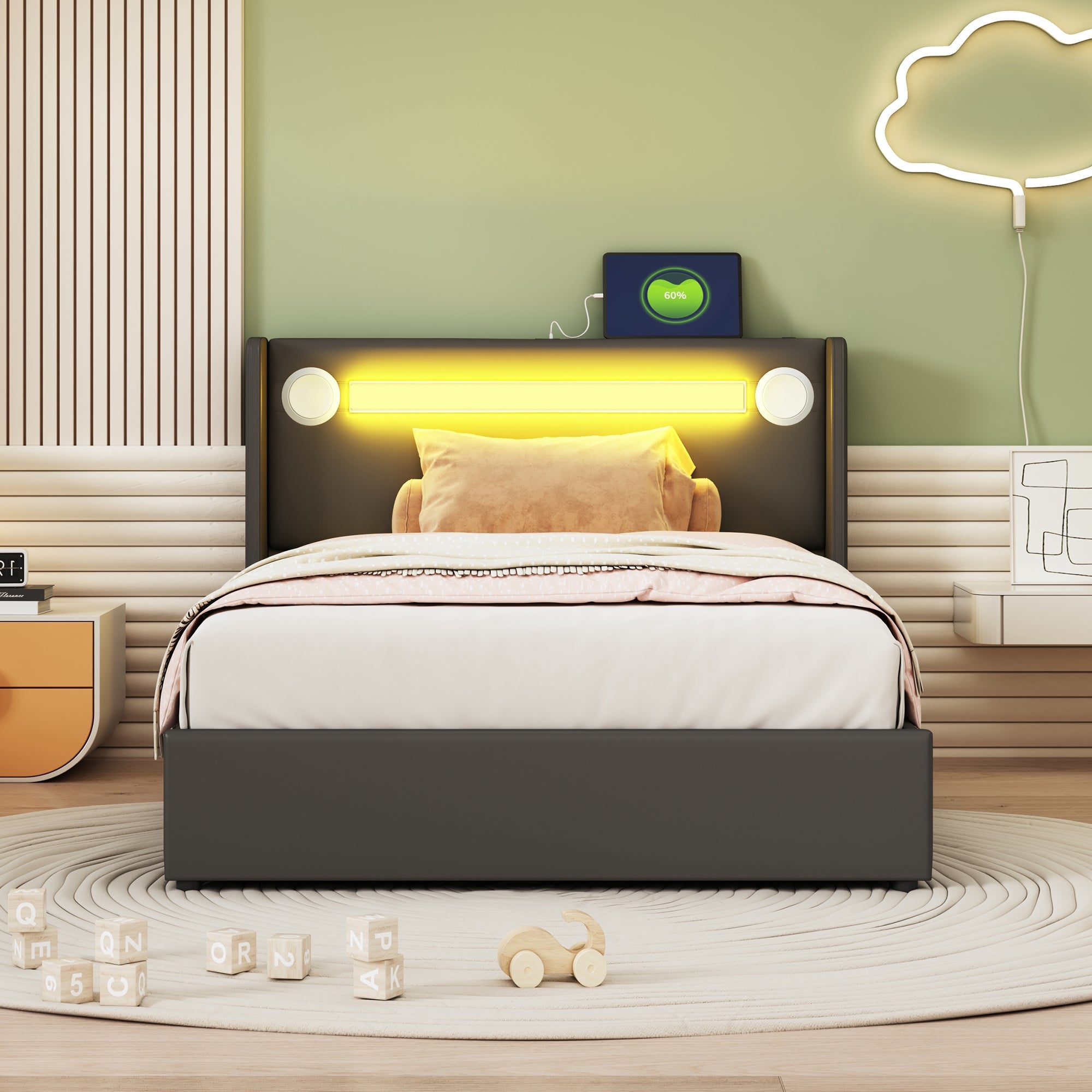 Logidon gestoffeerd bed 90x200 met LED lichtstrip Bluetooth USB zwart