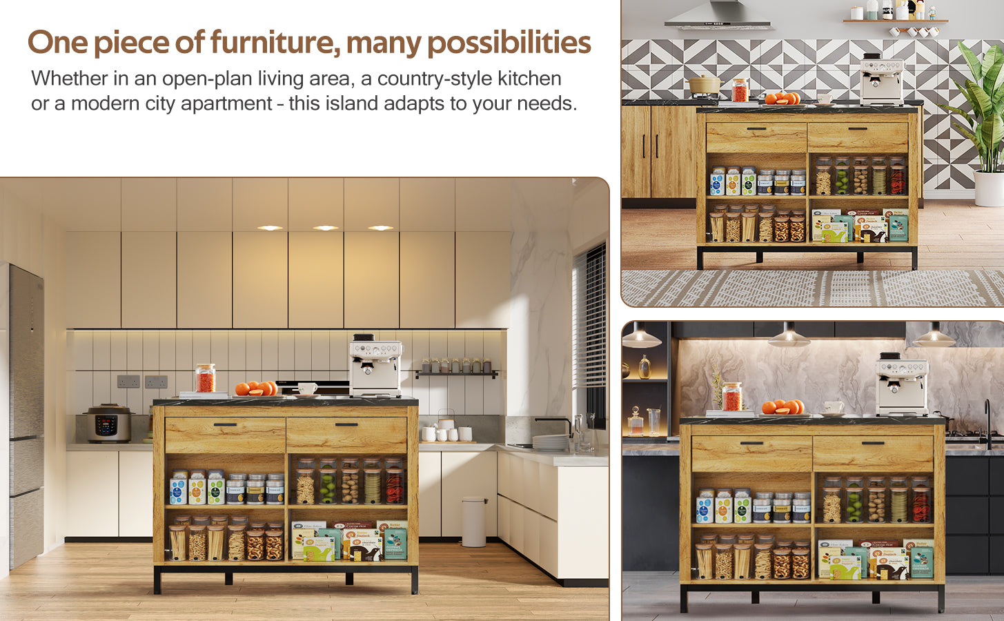 Logidon kitchen island country house style 120x75x90 cm with 2 drawers and 4 shelves