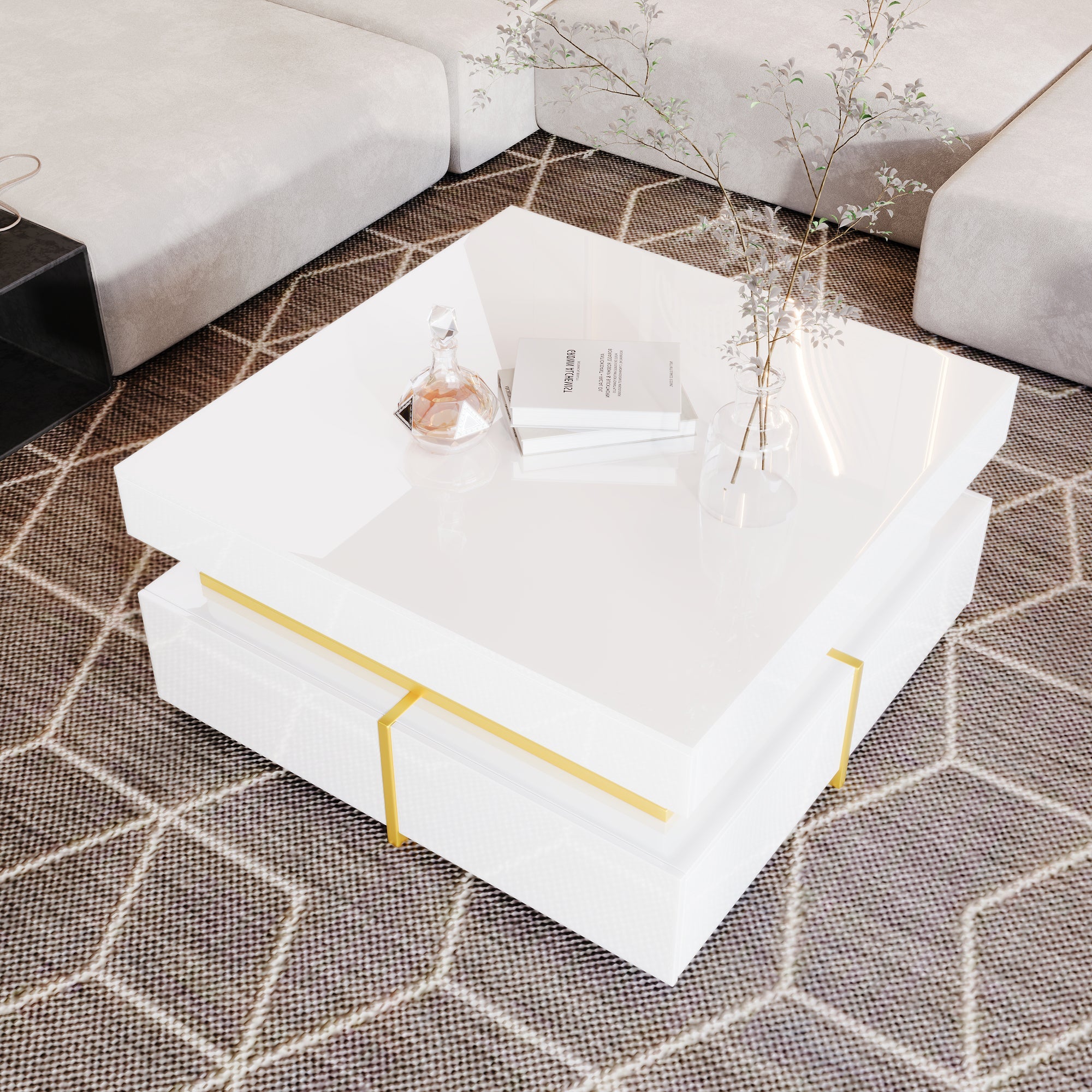 Logidon high gloss coffee table with drawers and gold accents