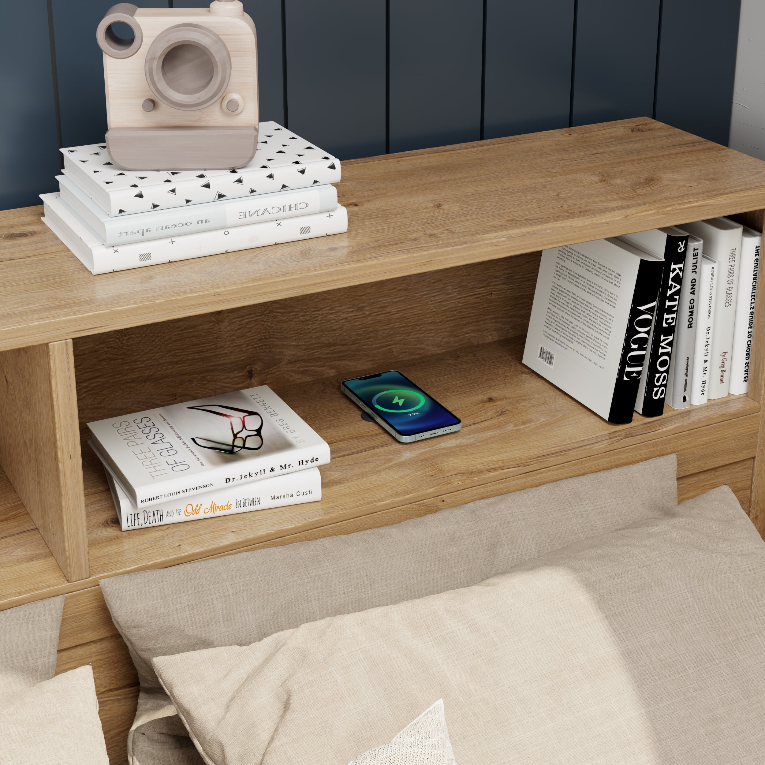 Logidon kinderbed 90x200 cm naturel hout met opbergruimte en opladen