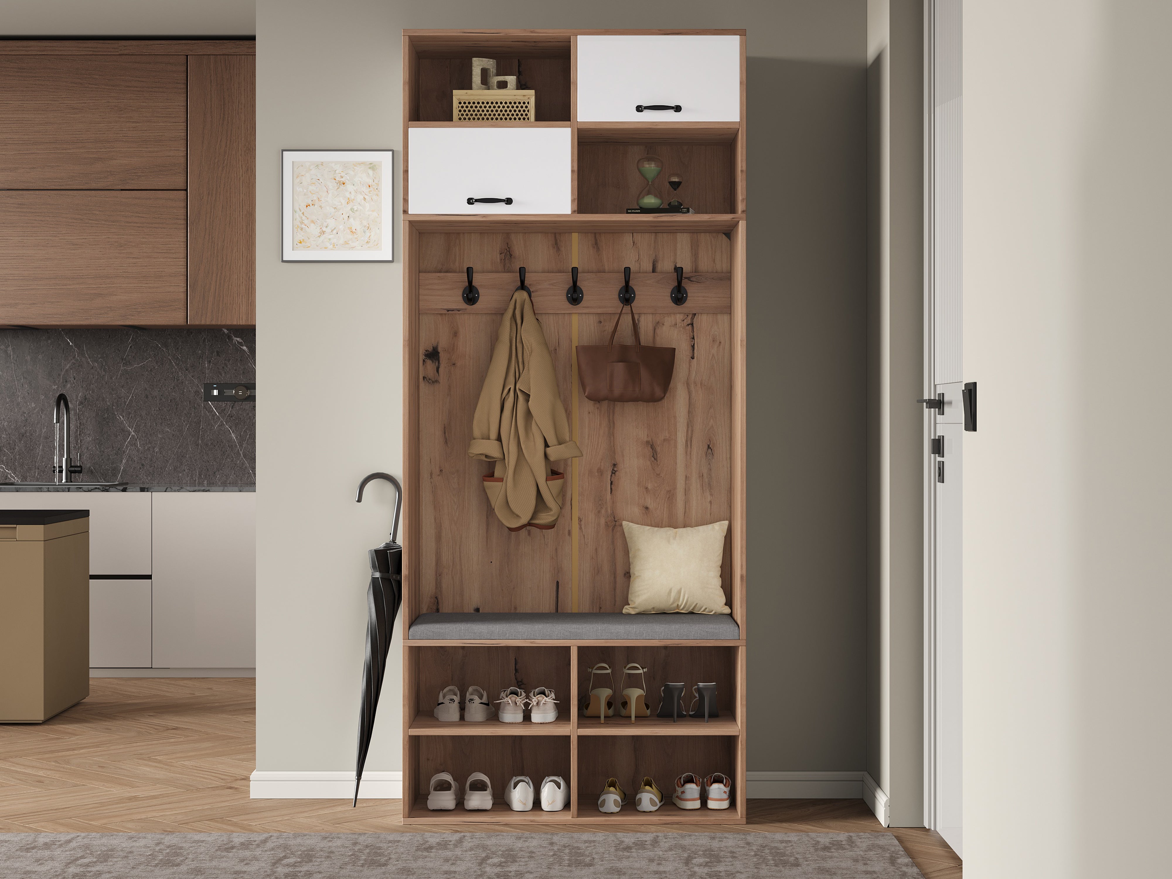 Logidon garderobekast met bank en 5 haken naturel wit 80x35x185cm