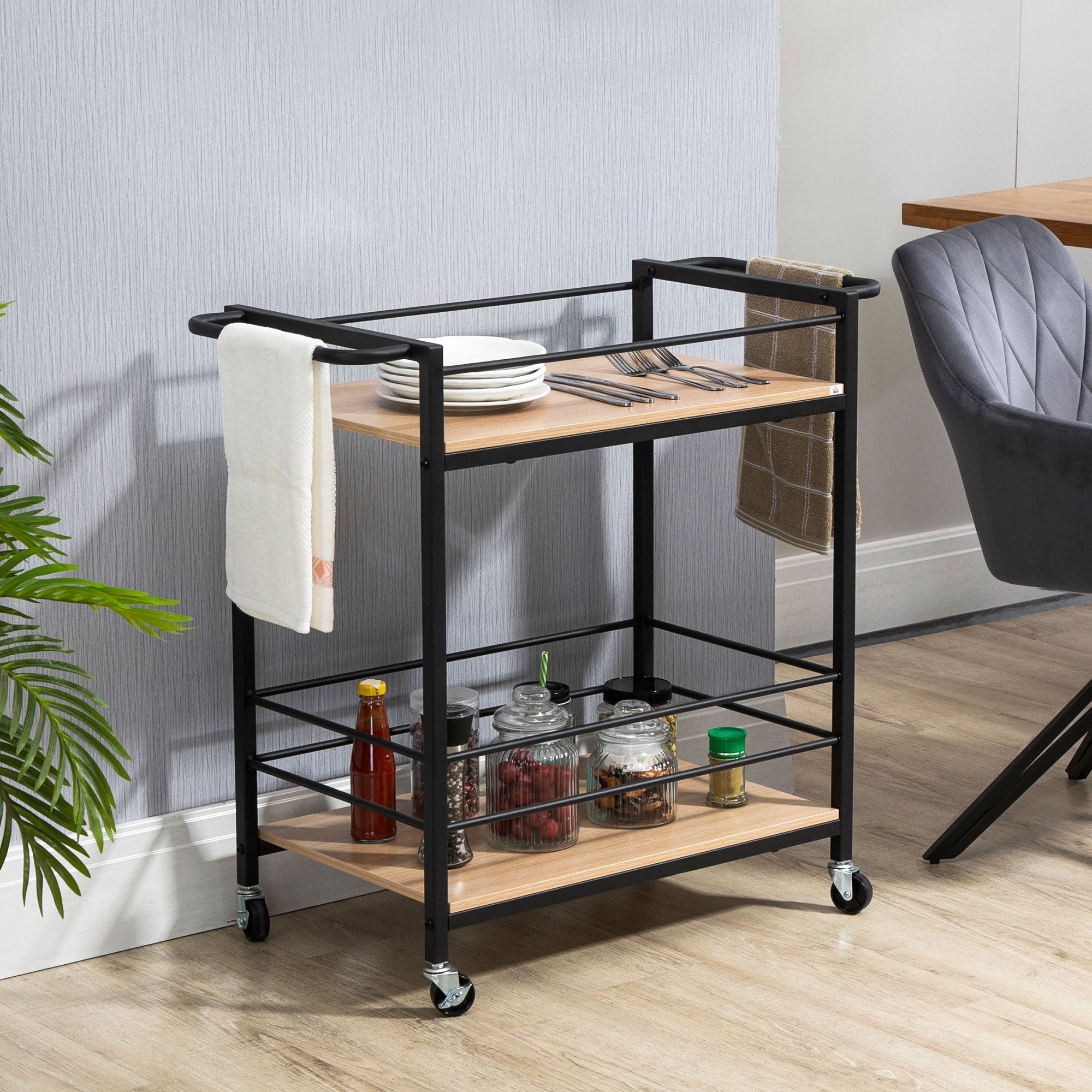 Logidon serveerwagen 2 niveaus met handvat, wielen en remmen, 82x40x75 cm