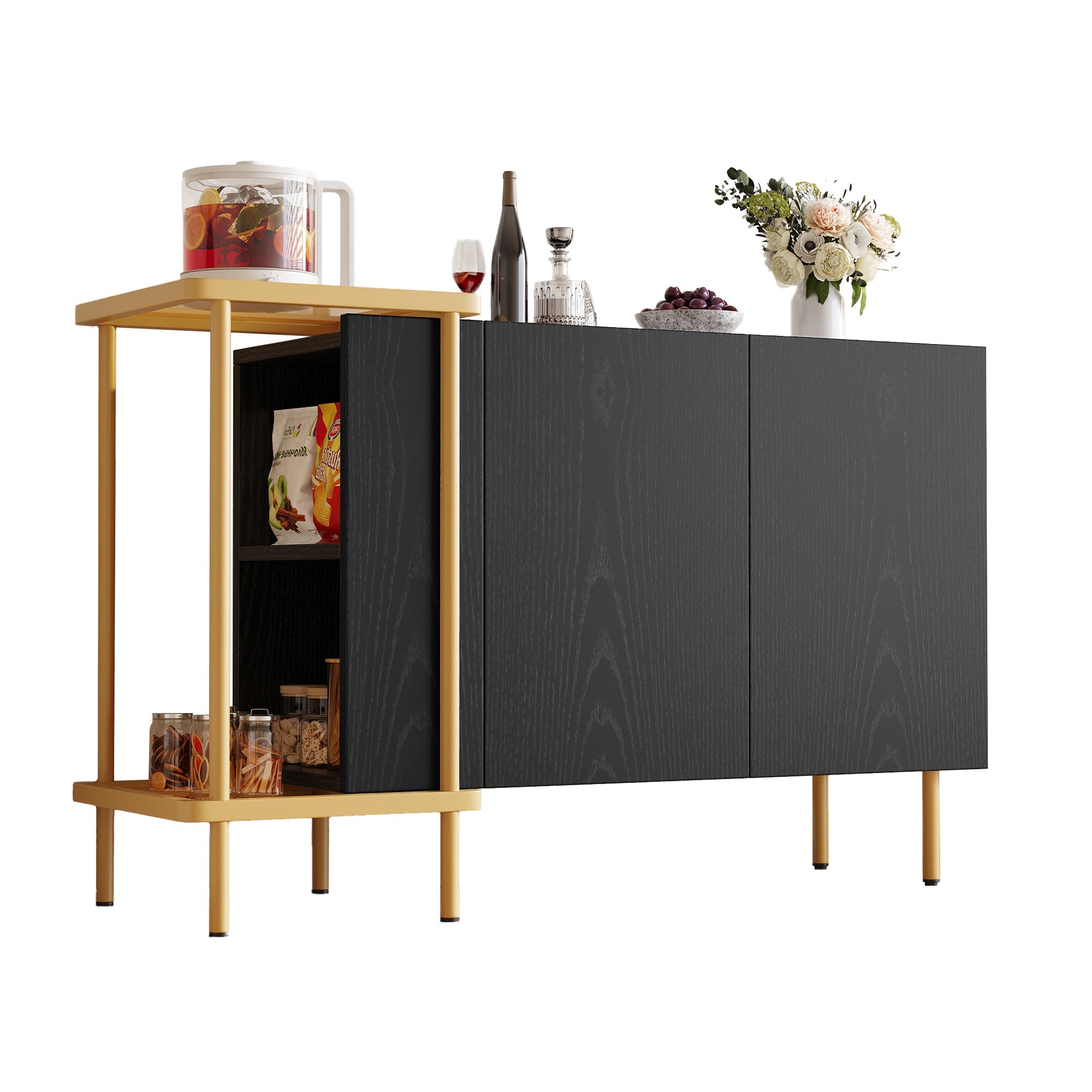Logidon Dressoir Zwart Glazen Blad En Metalen Poten 120x40x77.5