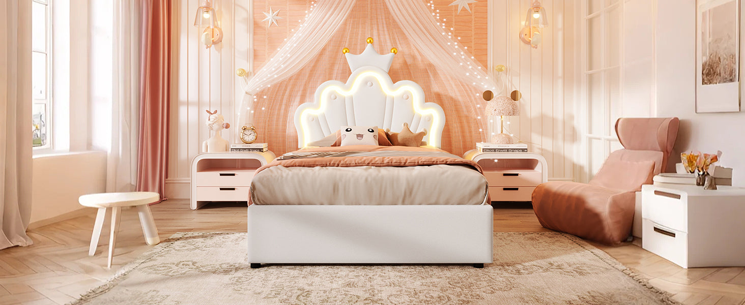Logidon prinsessenbed 90x200 cm wit kunstleer LED-verlichting
